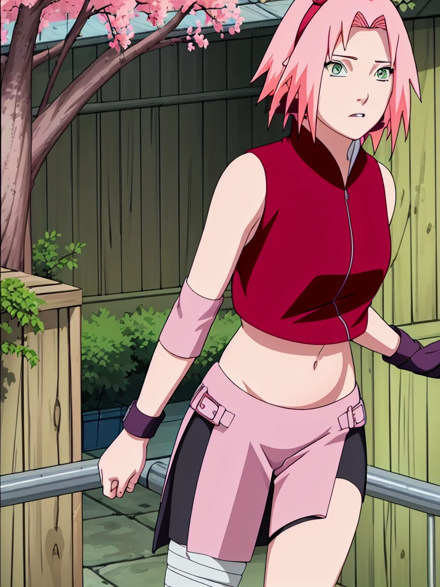 High-quality, ultra-detailed, realistic artwork of a scene from "Sakura Shippuden" with vivid colors, perfect for 4K or 8K resolutions. The scene depicts Sakura Haruno, a young woman, standing gracefully in a garden surrounded by blooming sakura (cherry blossom) trees. She is wearing a red jacket embroidered with t(((lifting her top and show her belly))),((long belly)) the Hidden Leaf Village. Her leg is bandaged, indicating a recent injur, emphasizing her femininity and agility.

Sakura has shoulder-length bangs that softly frame her face, revealing her beautiful, green eyes. Her face is adorned with a forehead protector, which bears the Konohagakure symbol, signifying her allegiance to her village. The artwork showcases Sakura's attention to detail, including her long eyelashes, detailed lips, and delicate features, capturing her determination and inner strength.

The lighting in the scene is soft and warm, casting a gentle glow on the petals of the sakura blossoms. The vibrant colors of the cherry blossoms contrast against Sakura's black short sleeves and gloves, adding depth to the composition. The overall color scheme leans towards pastel tones, enhancing the serene and tranquil atmosphere of the garden.

This masterpiece artwork aims to capture the essence of Sakura Haruno's character, portraying her as a confident, skilled kunoichi amidst the delicate beauty of the sakura garden. The attention to detail, vibrant colors, and realistic rendering will bring this scene to life, evoking the spirit of "Sakura Shippuden" in a visually stunning manner.
