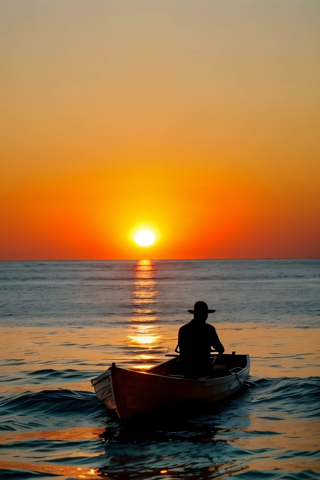 beautiful sunset at the sea, a silouette of a man on a little boat in the sea, the sky il orange, the sun is on fire