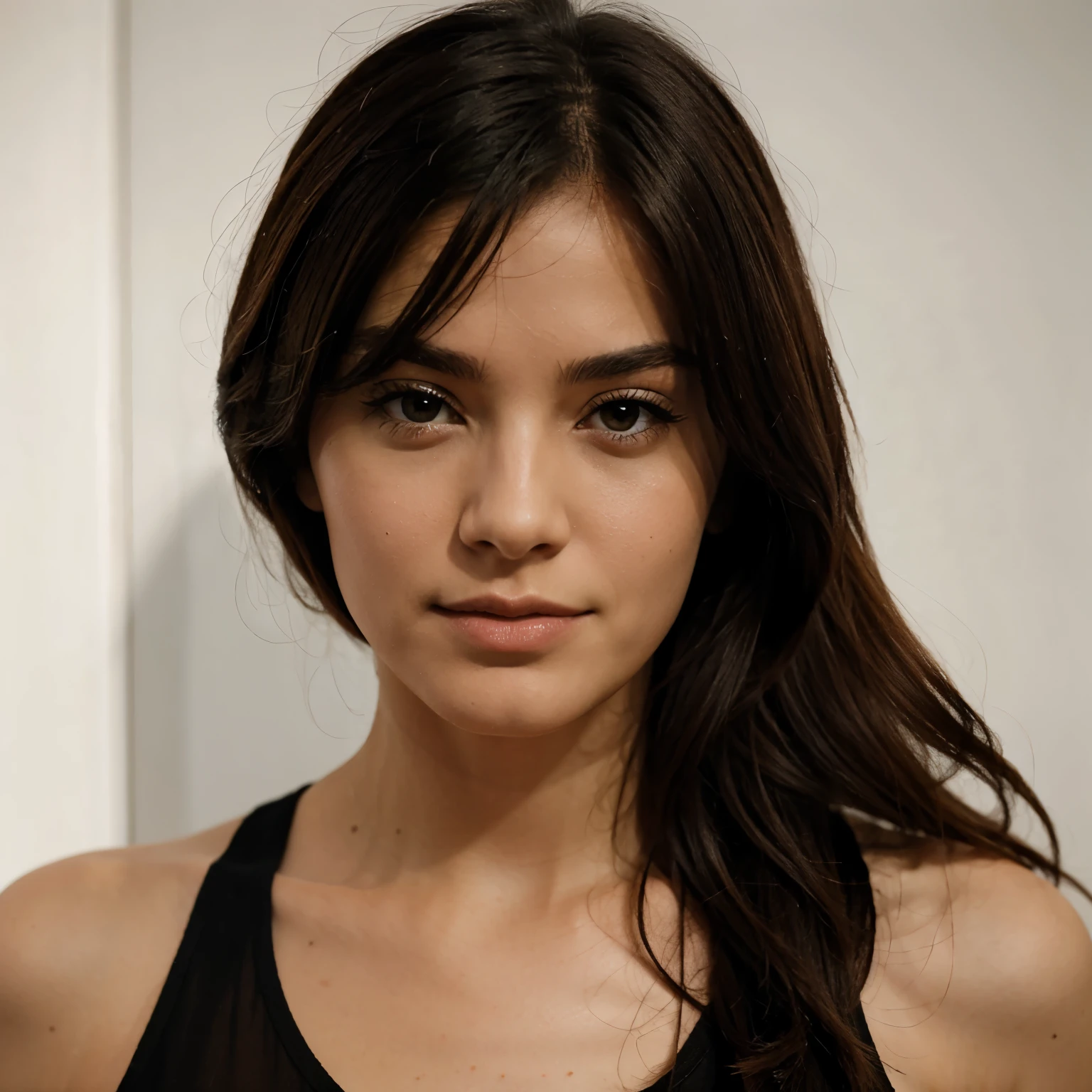 26 years old girl standing infront of wall wearing super sexy dress of black color, dark brown hairs, naughty smile on face, hands on her waist