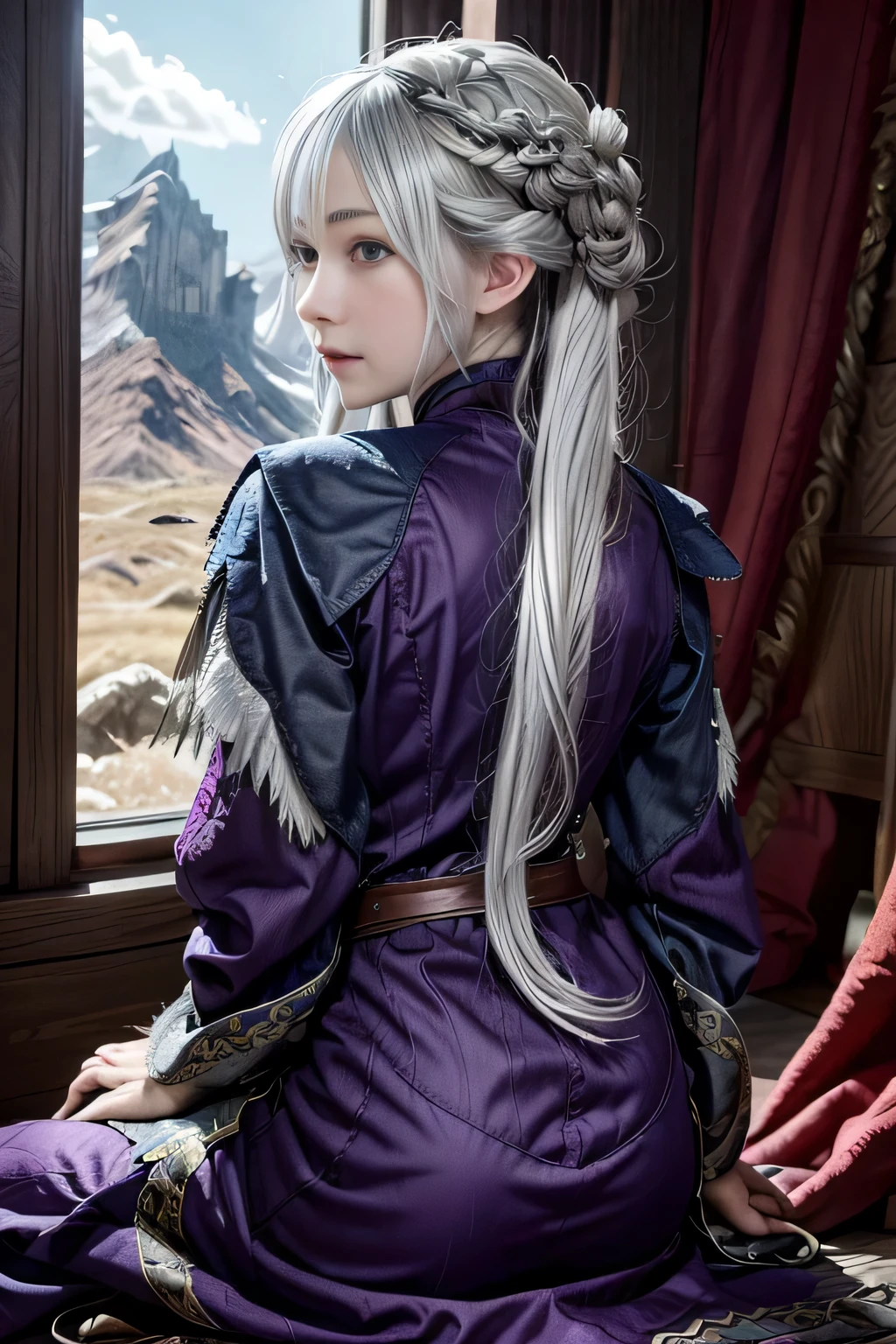 (close:1.2), official art, masterpiece, highest quality, unity 8k wallpaper, super detailed, very detailed, elegant, beautiful, beautiful, romanticism, 1 girl,  Dragon Mother, silver hair flowing down the back, Sharp purple eyes full of determination and compassion, and three majestic dragons, Pledge your allegiance and sit next to her. Vibrant colors and realistic textures、This hall々Bringing vivid life to these magnificent creatures.。, Immerse your audience in the fantastical world of Westeros