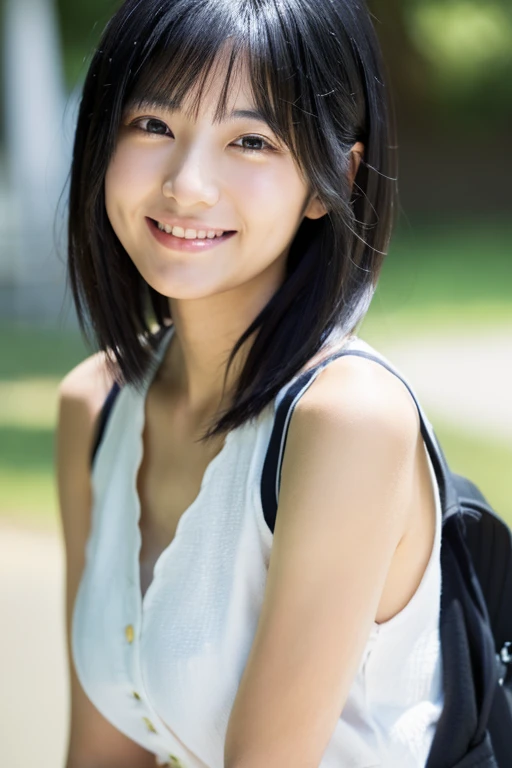 A beautiful Japanese woman with black hair facing forward、drawn from head to chest、smile、