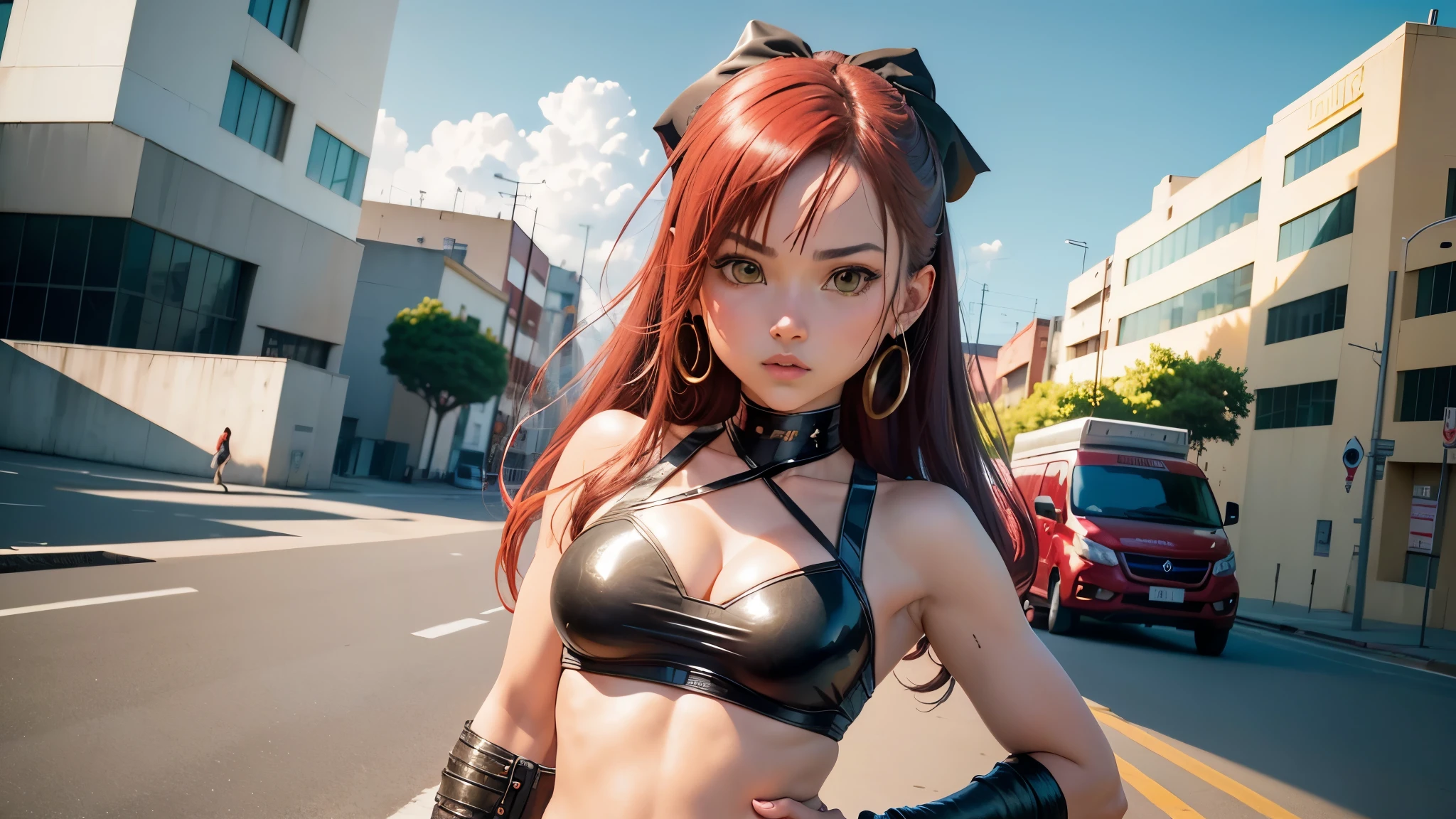 The character costume is KPOP, Hallyu, K-pop anime art style, Hallyu frontline style, Hallyu art style, kpop style, official artwork, Chibi art, Pisif, Blackpink style, cute.     KPOP artwork in various poses, The popularity of Pisif art station, 16 year old chibi, No watermark, Extra close-fitting mini skirt, open jacket, extra short clear top Strapless, cleavage, style clothing cyberpunk, smallest short short, wide angle, short top, very short, 