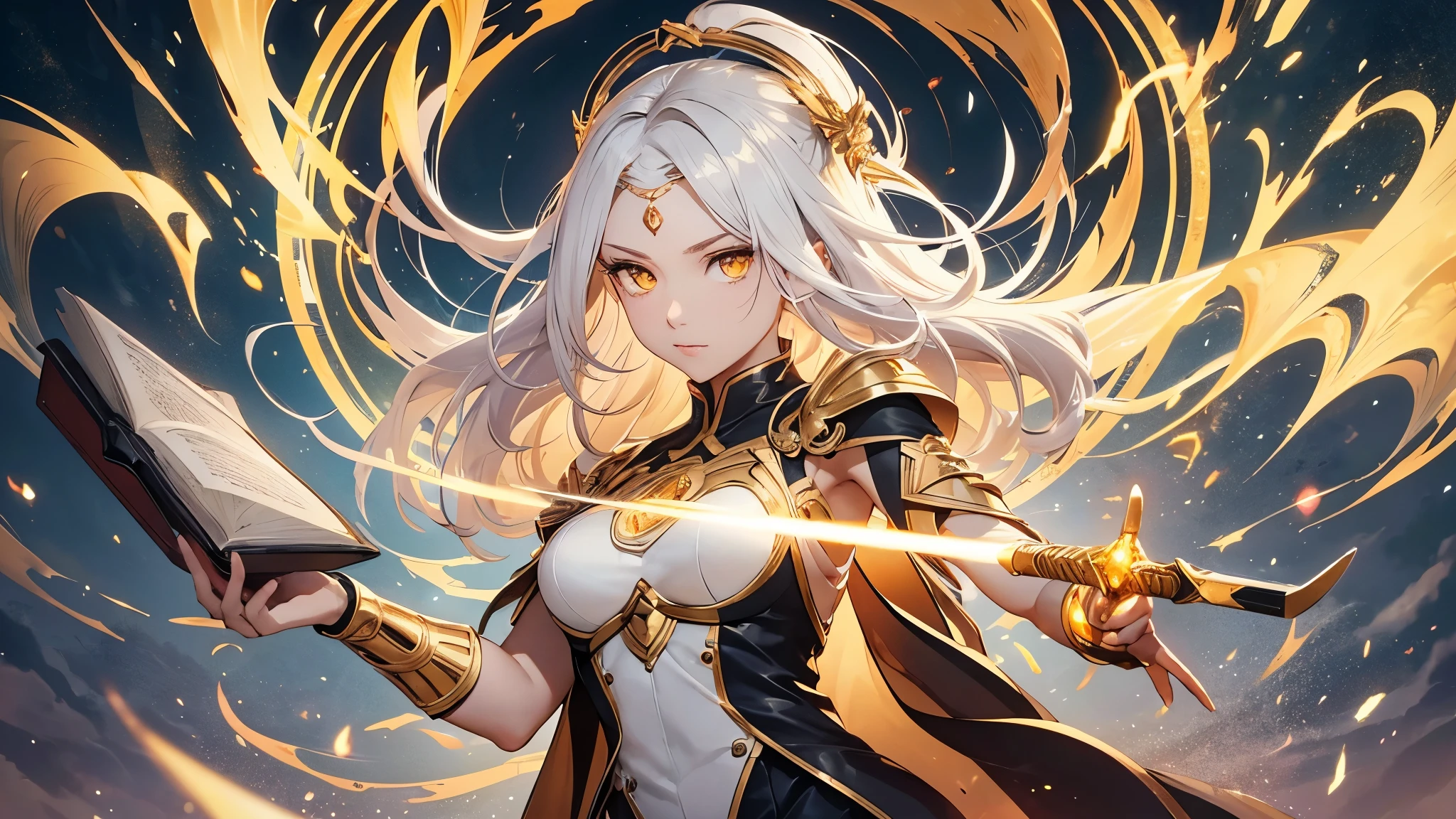 a goddess of wisdom, mature look, Toning the body, white skin, (Glowing clothing masterpiece:1.4), pure white fabric strapless tube top dress, luminous golden belt, luminous Golden arm Armor, golden leg armor, (a glowing sword-shaped figure appears on the back:1.5), (The left hand holds a glowing book:1.6), (((glowing beige white hair streaked luminous yellow hair))), (single sidelock short wavy hair), (hair strand), shiny hair, (((colored eyelashes and eyebrows))), (glowing yellow gradient amber eyes:1.2), (an upright golden eye on the forehead:1.4), some clouds swirling float behind shoulders, (((Some luminous text totems float around))), Random background, Random pose, Random expressions, Futurism, anime, god rays, ray tracing, reflection light, sparkle, motion blur, Ultra-Wide Angle, glowing light, UHD, masterpiece, super detail, best quality, retina, ccurate, textured skin, super detail face, perfect face, Super fine facial details, beautiful and delicate eyes, perfect eyes, anatomically correct, correct limbs, correct figner, super detail figner, best hair quality, best clothing quality, best prop quality, best halo detail and quality, best magic circle detail and quality, complex halo detail,