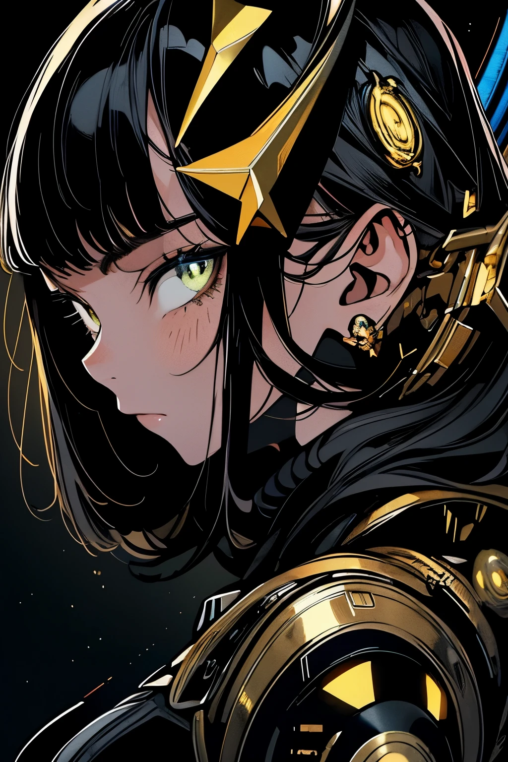 artistic image, Female black bolt with gold and bronze pattern. Has a well-defined face and muscular body。. She is wearing a suit and a mask covering her mouth. The background is a space landscape, Starred, planet, and nebula. The image shines with energy and contrast. inspired by art gem, superhero, And science fiction. Camera Medium Shot, 50MM lens, Front view. Rendered in 4K resolution, very detailed, HDR, dark color, Yellow lighting.