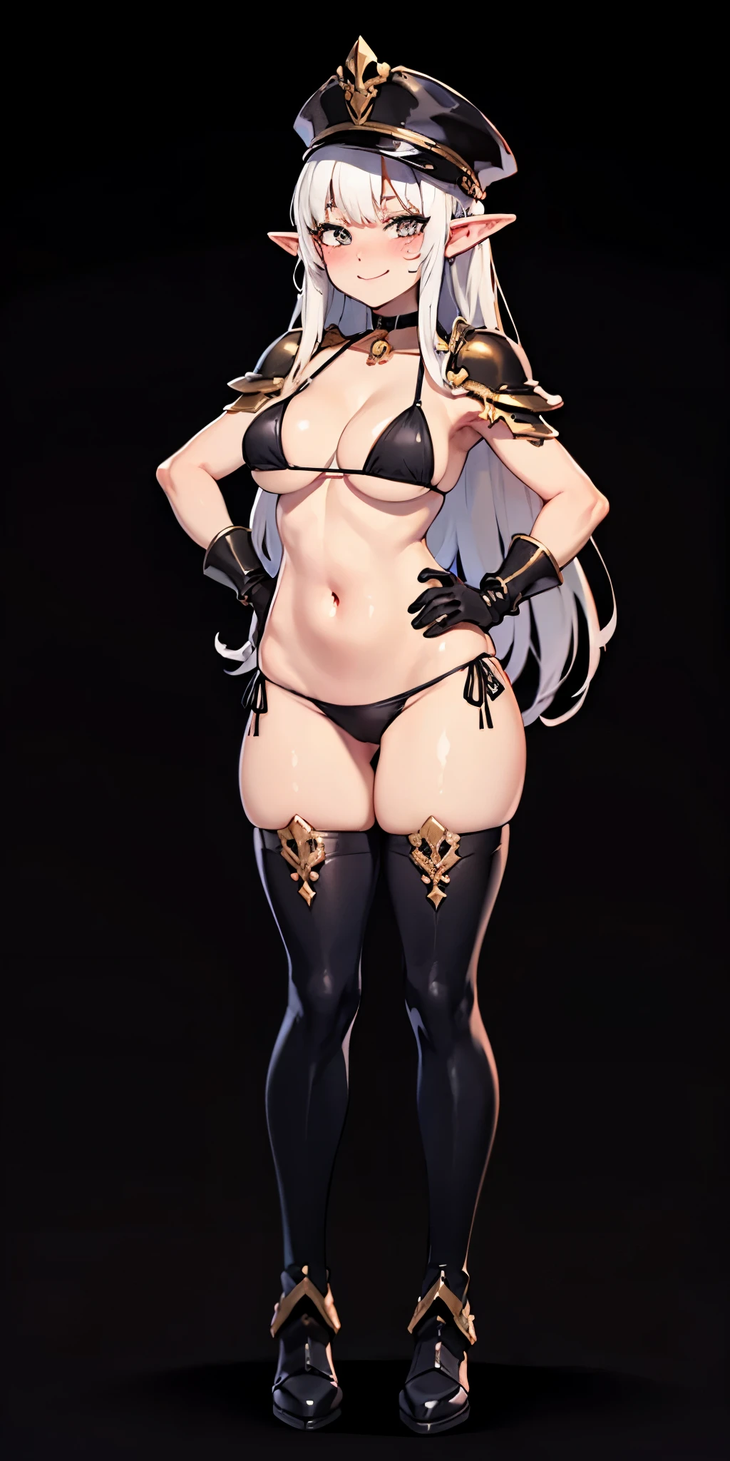 ((BLACK BACKGROUND1:2)) masterpiece, best quality, high quality, 1solo white SKIN elf, long hair, white hair, white eyes, full body, black bikini, looking at viewer, shiny, black thighhighs, high boots,shoulder armor, faulds, poleyn, gloves, gauntlets, FEET TOGETHER STANDING SYMMETRICAL, female elf big knockers cleavage bikini, black headwear, black choker collar, lustful smirking smile face red blushed red cheeks, smile, hands on hips