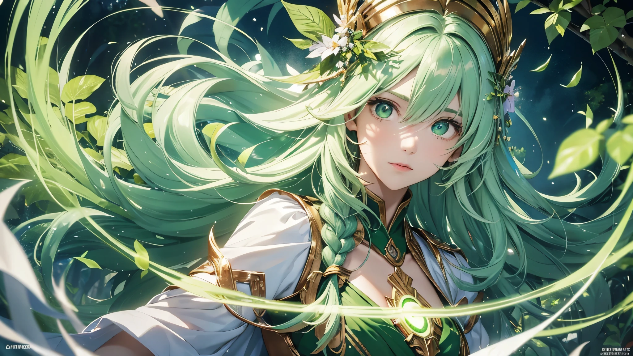 a goddess of life, mature look, mature body, (((leaf green hair streaked glowing green low twin super large long braids))), wavy hair, floating hair, hair strand, (((glowing phantom green eyes))), aqua eyes, pupils sparkling, longeyelashes, eye reflection, (((Glowing silver-green half-helmet))), ((A short skirt made of many leaves)), (Green thigh stockings), Leaf green boots, flower hairclip, flower earrings, glowing clothing masterpiece, (((Hand holding a huge branch-shaped staff with small flowers and leaves))), (((A large green glowing magic circle at your feet))), (((A huge leaf totem floats upright behind the back))), (((A halo composed of various greens on the head))), Many leaves are flying around the body, Random expressions, Random pose, (Floating on cloud), green god rays, Focus on face, Highly detailed face, high quality clothes, anime, Futurism, chiaroscuro, motion blur, sparkle, glowing light, reflection light, ray tracing, UHD, retina, ccurate, masterpiece, super detail, best quality, textured skin, super detail face, perfect face, Super fine facial details, beautiful and delicate eyes, perfect eyes, anatomically correct, correct limbs, correct figner, super detail figner, best hair quality, best clothing quality, best prop quality, best halo detail and quality, best magic circle detail and quality, complex halo detail,