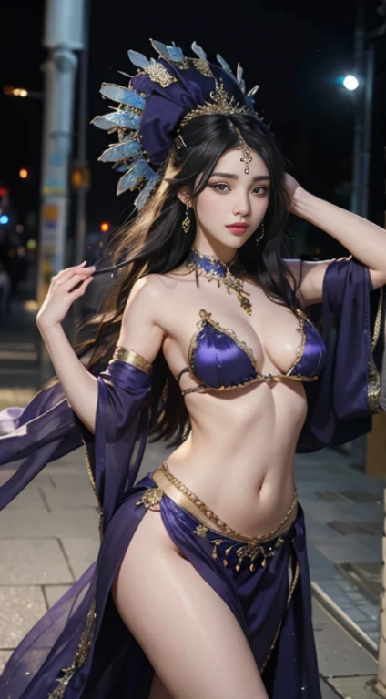 belly dancer、Around 20 years old、1 female、Gorgeous costume with purple and blue as the main colors、(Pasties)、long black hair、beautiful face、detailed face、Beautiful woman with beautiful eyes and nose、beauty dancer、slender body、extraordinary beauty、sexy costume、belly dance costume、belly dance bar、fine eyes、realistic eyes、beautiful makeup、8K image、super realistic face、super realistic costume、Super high quality、Beautiful dance、less exposed、beautiful feet、