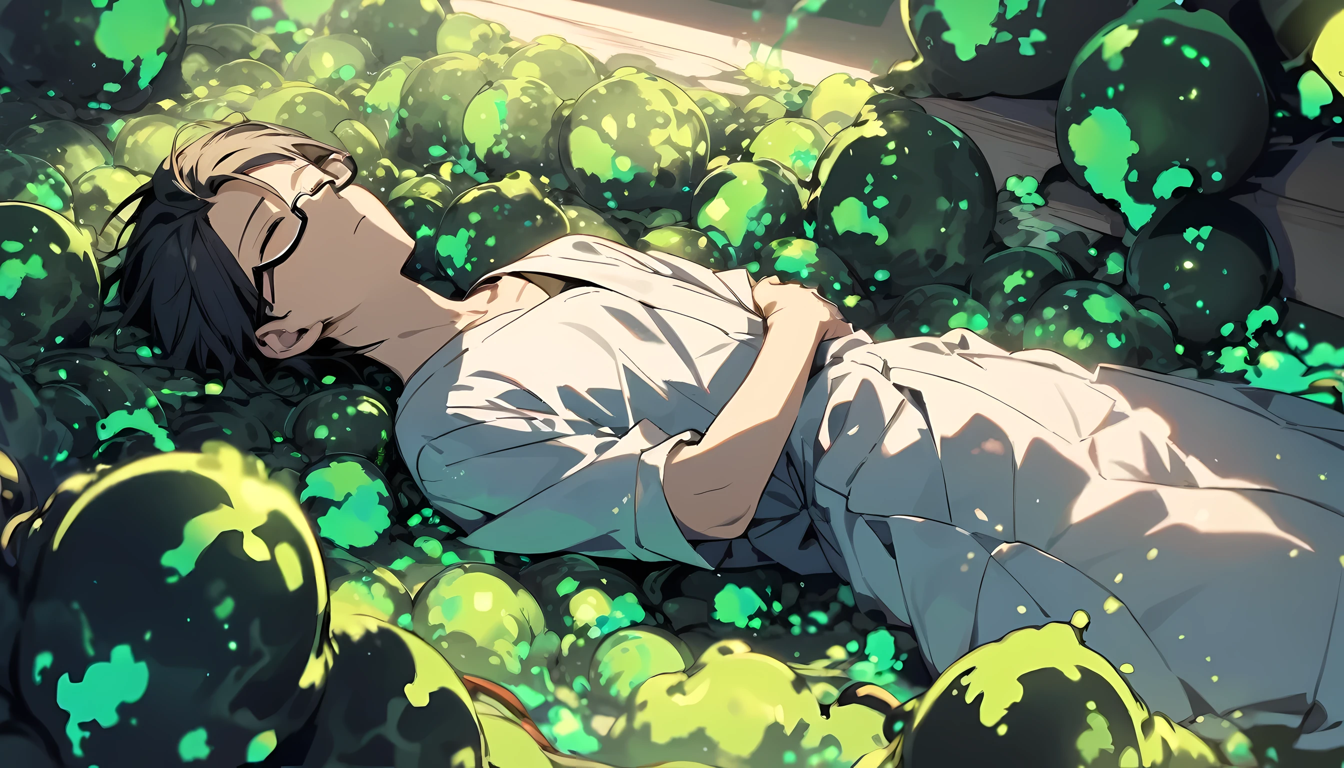 Wide view of A young ager japanese man, died, lying down, surrounded by green poisonous gas, wearing spectacles, wearing laboratory dress, close eyes