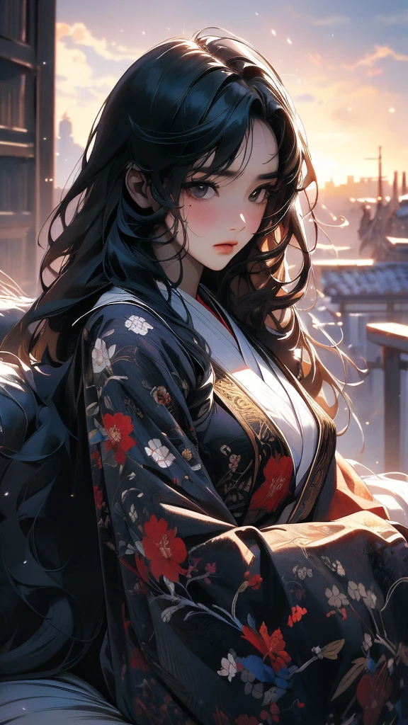 ((Highly detailed CG unit 8k wallpaper, masterpiece, High resolution, highest quality)), (woman sitting, Pensive expression, Diam hair, Nana Komatsu, Japanese-Western eclectic), ((highly detailed face, highly detailed black eyes, detailed body, highest qualityのリアルテクスチャスキン)), (Modern, london cityscape), hyper realistic, digital paint,