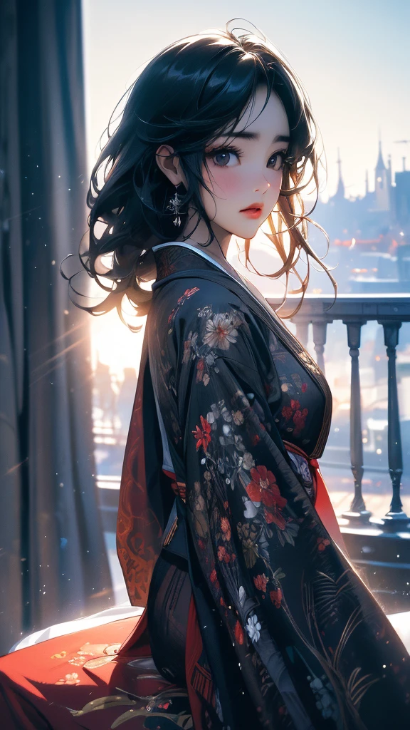 ((Highly detailed CG unit 8k wallpaper, masterpiece, High resolution, highest quality)), (woman sitting, Pensive expression, Diam hair, Nana Komatsu, Japanese-Western eclectic), ((highly detailed face, highly detailed black eyes, detailed body, highest qualityのリアルテクスチャスキン)), (Modern, london cityscape), hyper realistic, digital paint,