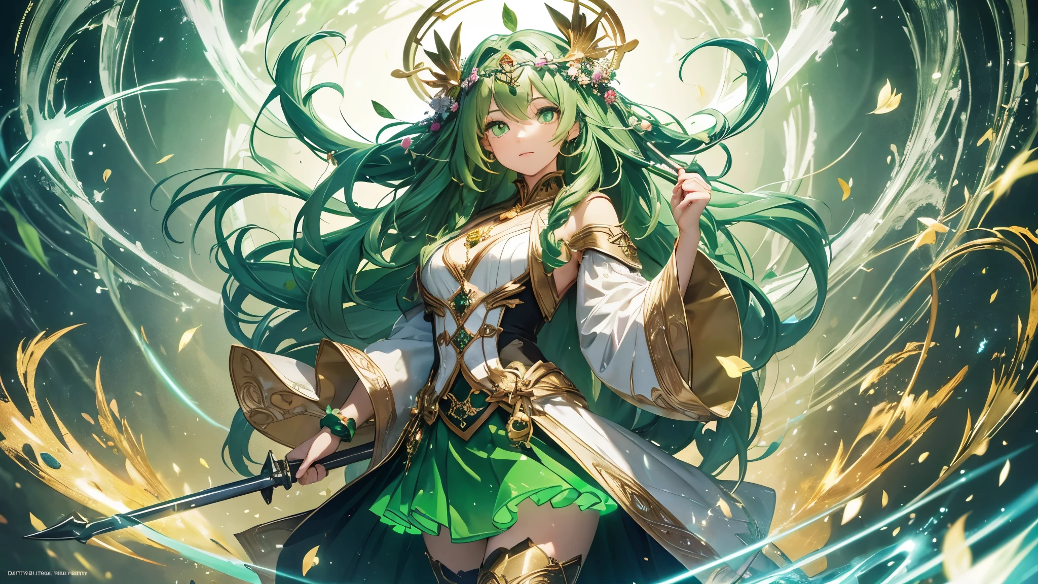 a goddess of life, mature look, mature body, (((leaf green hair streaked glowing green low twin super large long braids))), wavy hair, floating hair, hair strand, (((glowing phantom green eyes))), aqua eyes, pupils sparkling, longeyelashes, eye reflection, (((Glowing silver-green half-helmet))), ((A short skirt made of many leaves)), (Green thigh stockings), Leaf green boots, flower hairclip, flower earrings, glowing clothing masterpiece, (((Hand holding a huge branch-shaped staff with small flowers and leaves))), (((A large green glowing magic circle at your feet))), (((A huge leaf totem floats upright behind the back))), (((A halo composed of various greens on the head))), Many leaves are flying around the body, Random expressions, Random pose, (Floating on cloud), green god rays, Focus on face, Highly detailed face, high quality clothes, anime, Futurism, chiaroscuro, motion blur, sparkle, glowing light, reflection light, ray tracing, UHD, retina, ccurate, masterpiece, super detail, best quality, textured skin, super detail face, perfect face, Super fine facial details, beautiful and delicate eyes, perfect eyes, anatomically correct, correct limbs, correct figner, super detail figner, best hair quality, best clothing quality, best prop quality, best halo detail and quality, best magic circle detail and quality, complex halo detail,