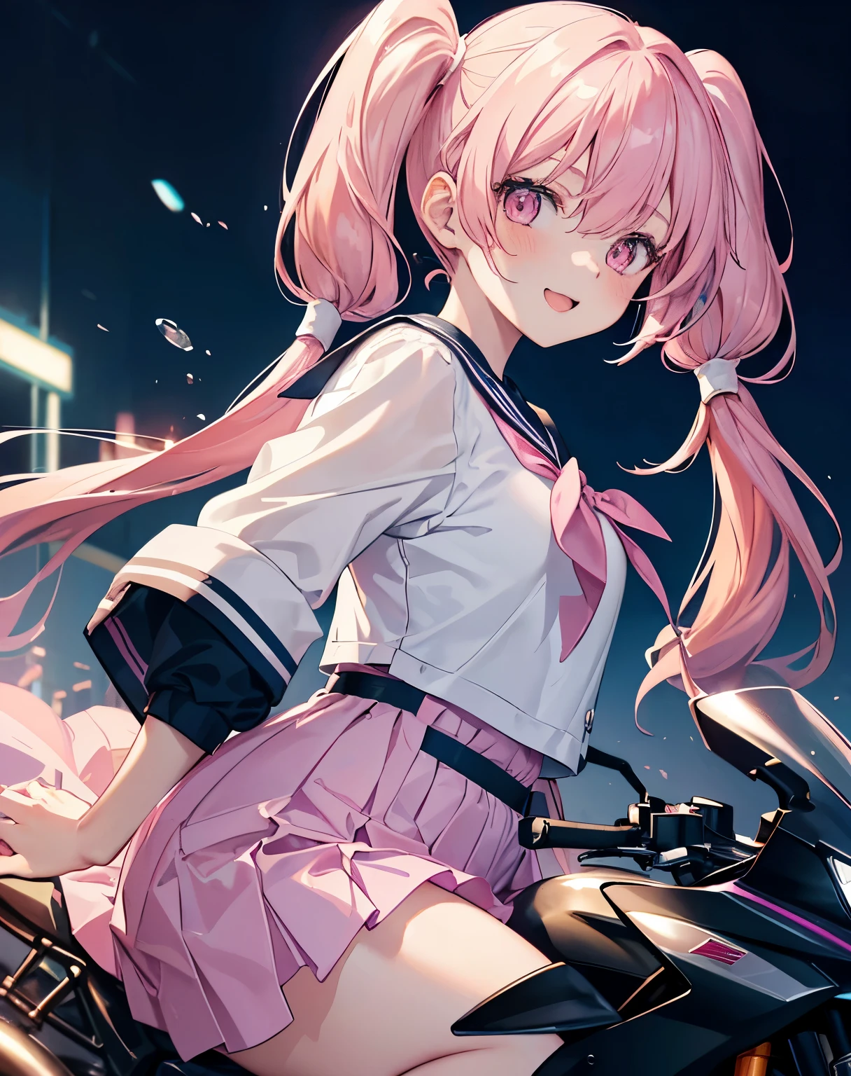 riding a motorcycle, highest quality, (perfect face:1.1), (high detail:1.1), (very detailed目), ,(((sailor suit))),(((pink hair))), (((Super long twin tails))),dramatic, Ultra-fine illustration, very detailed,1 girl, (pale skin), Happy, smile, enjoy, Hilarious,open your mouth,Glow Eye Mysterious Eye, pink eyes,(thin eyebrows),blush, alone,swollen lips,cinematic lighting,cowboy shot, looking at the viewer, long sleeve,pink princess dress, wizard,magic,morning,From the side