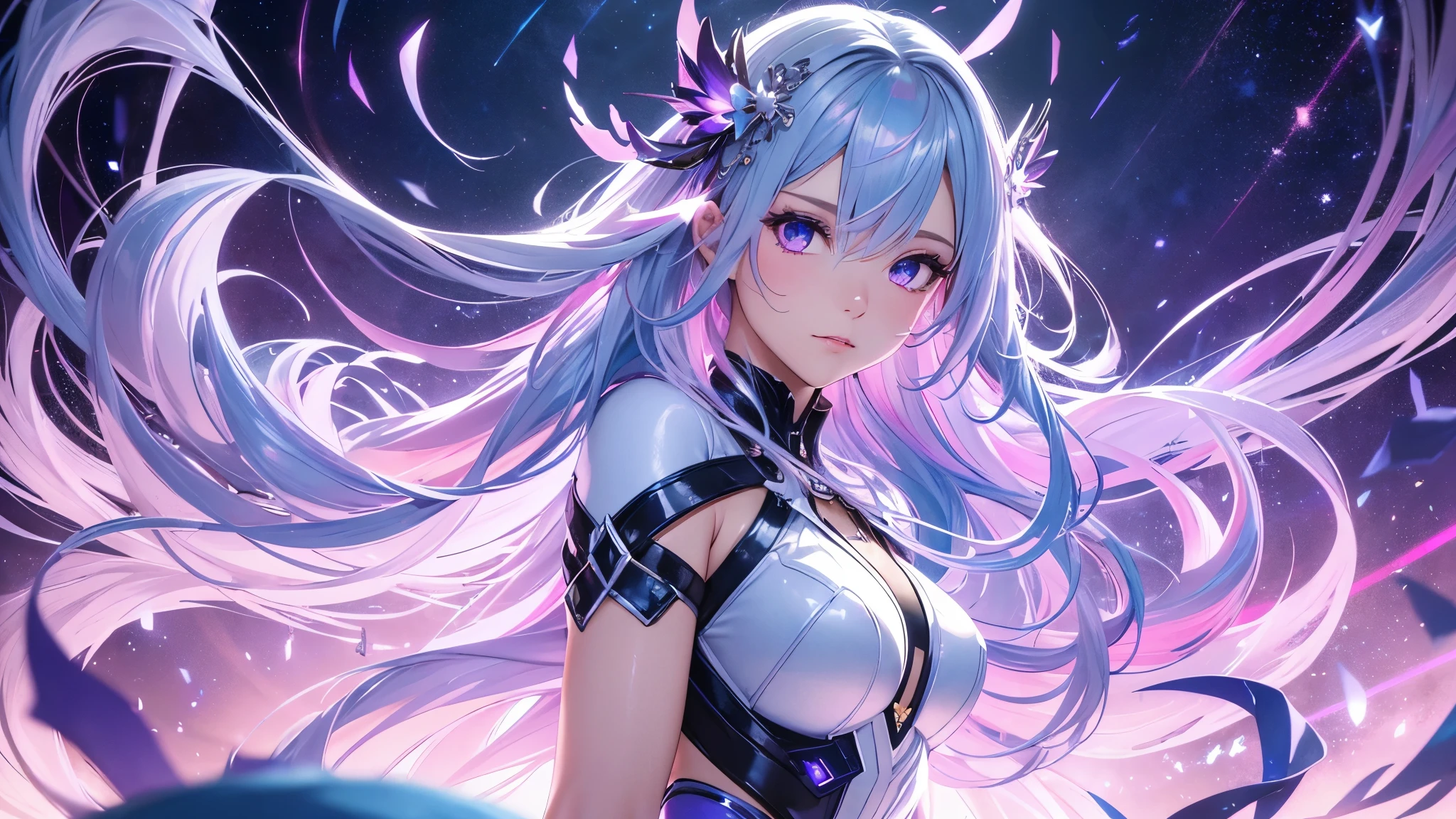 a goddess of light, (Silver blue hair streaked pink purple:1.4), (Gradient sky blue hair ends:1.6), hair strand, absurdly long hair, single sidelock, wavy hair, shiny hair, floating hair, (glowing Illusion deep purple eyes), delicate eyes, aqua eyes, High like real eyes, ((glowing eyes)), makeup, Focus on face, Very detailed facial, hot body, Random environment, Random pose, on the street, looking at the starry night sky, meteor, glowing clothing masterpiece, (((pure White extra long floating skirt and silver white armor))), (((floating several glowing colored cross stars beside))), Colored lights swirl around the body, (((glowing Extra large Illusion multiple complex magic circle stand upright floating on the back of the head))), full body shot, realism, chiaroscuro, (glowing light), sparkle, ray tracing, cinematic lighting, Futurism, motion blur, Ultra-Wide Angle, god rays, atmospheric perspective, best quality, UHD, super detail, masterpiece, highres, ccurate, retina, textured skin, super detail face, perfect face, Super fine facial details, beautiful and delicate eyes, perfect eyes, anatomically correct, correct limbs, correct figner, super detail figner, best hair quality, best clothing quality, best prop quality, best halo detail and quality, best magic circle detail and quality, complex halo detail,