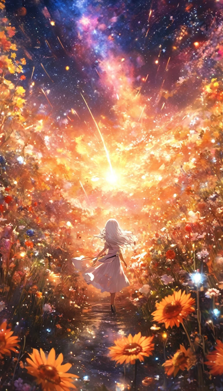 masterpiece, concept art, panorama, in the center, figure, wide shot, 1 girl, flower garden, night, (Meteors), Space galaxy background, (magnificent composition, epic proportions), dynamic lighting, Bright colors, A fleeting white-haired long girl、