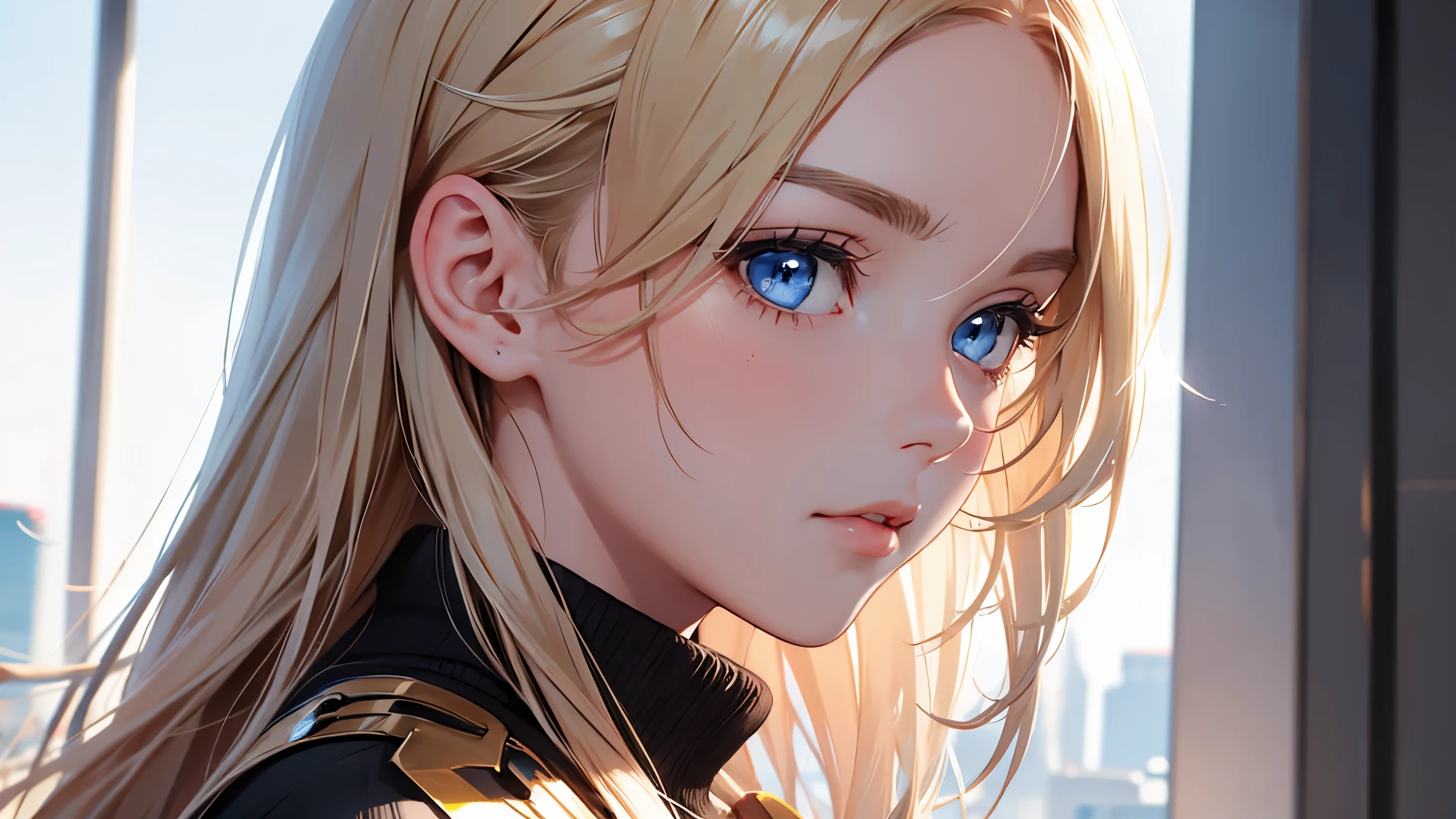 (masterpiece), (best quality, High resolution, Very detailed, illustration), 1 girl, alone, City, contemporary, Profile picture close-up, Blonde beige long hair, Gradient watercolor hair tail, phantom blue eyes, beautiful and delicate eyes, super detailed eyes, perfect eyes, perfect face, Super fine facial details, random expression, squat, 8K, Popular topics on ArtStation, Recommended on pixiv