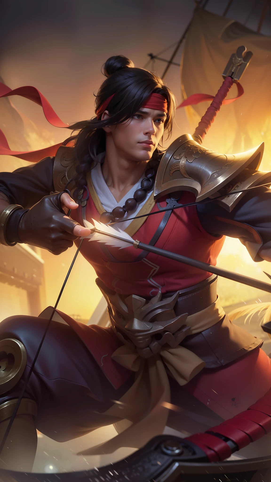 Young man with a bow and hand holding arrows, 8k, ultra hd, ultra detailed texture, hyper realistic, masterpiece, detailed texture, detailed face, detailed skin, detailed lighting, (photorealistic:1.5), best quality, beautiful lighting, cinematic lighting, professional lighting, ultra highres, realistic, detailed hair, real hair, high quality, (realskin:1.5), extremely detailed, finely detail, ultra-detailed, red bandana.