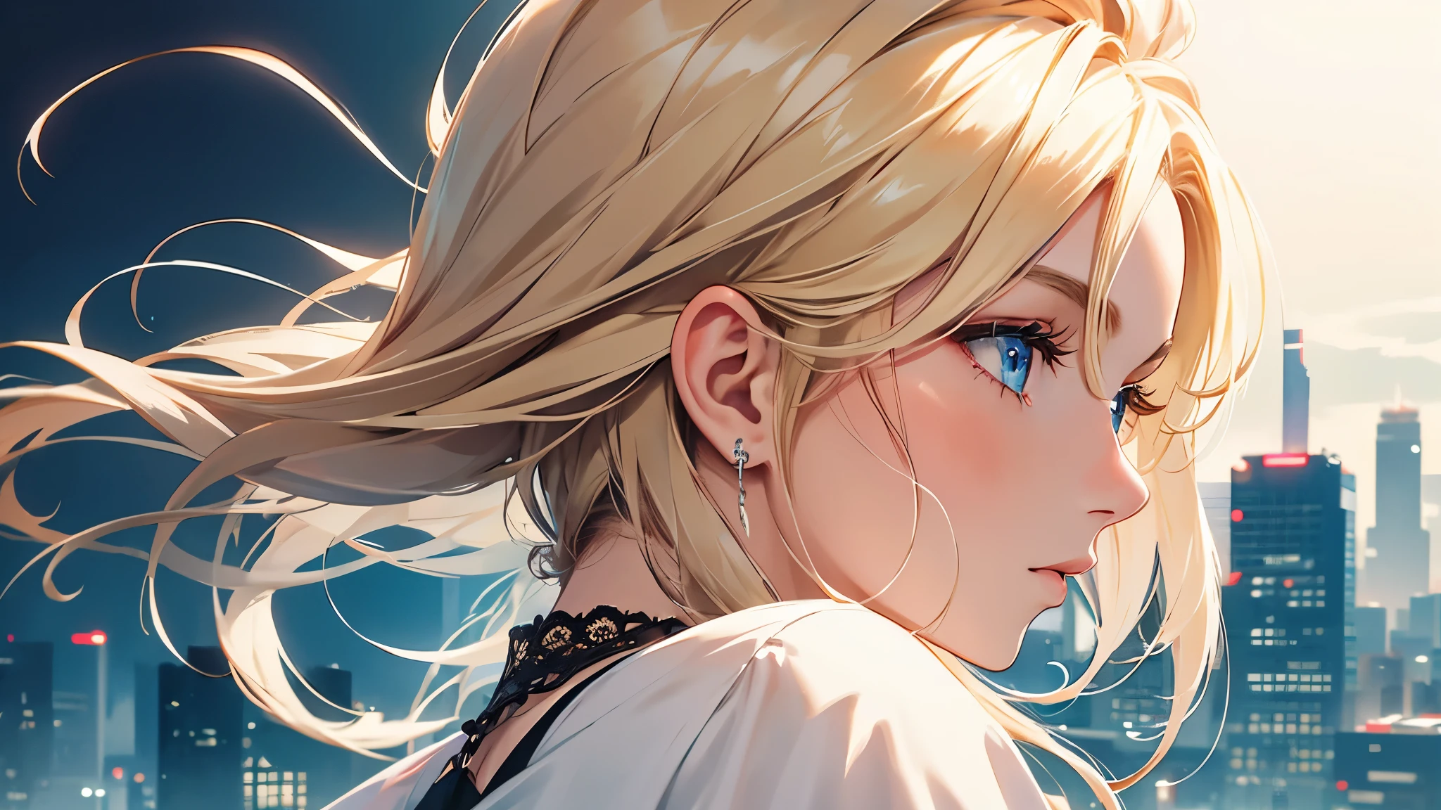 (masterpiece), (best quality, High resolution, Very detailed, illustration), 1 girl, alone, City, contemporary, Profile picture close-up, Blonde beige long hair, Gradient watercolor hair tail, phantom blue eyes, beautiful and delicate eyes, super detailed eyes, perfect eyes, perfect face, Super fine facial details, random expression, squat, 8K, Popular topics on ArtStation, Recommended on pixiv