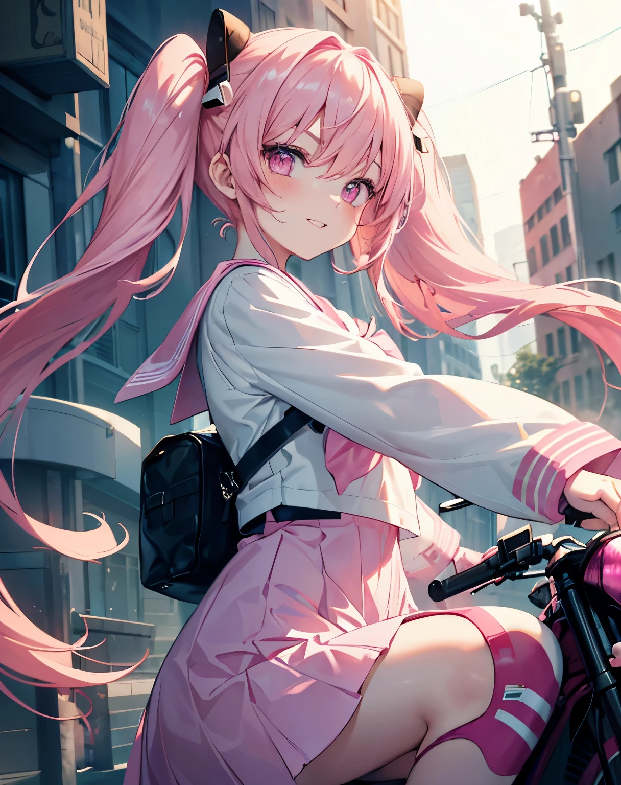 Drawing a beautiful girl riding a motorcycle from the front, highest quality, (perfect face:1.1), (high detail:1.1), (very detailed目), ,(((sailor suit))),(((pink hair))), (((Super long twin tails))),dramatic,  Ultra-fine illustration, very detailed,1 girl, (pale skin), Happy, smile, enjoy, Hilarious,open your mouth,Glow Eye Mysterious Eye, pink eyes,(thin eyebrows),blush, alone,swollen lips,cinematic lighting,cowboy shot, looking at the viewer, long sleeve,pink princess dress, wizard,magic,morning,From the side