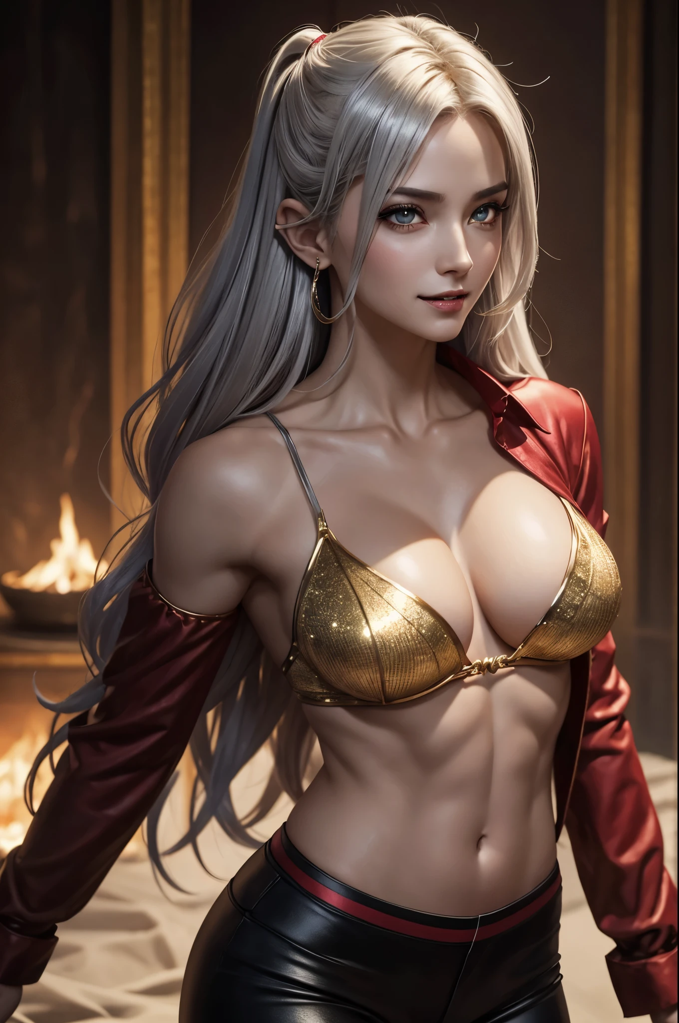 8K、A bewitching succubus wearing a gorgeous red shirt.,super beautiful(like the real thing)、gorgeous red and black pants,Lady of Alafed,Beautiful wavy silver hair、big and full breasts、5d cgi anime fantasy artwork、Fan Art Mayo Art Station、デジタルfantasy art)、wallop loss draw、壮大なfantasy artスタイル、beautiful succubus、charm、Beautiful fangs、looking at the viewer、captivating gaze、laughter、masterpiece,masterpiece,Photorealistic RAW photos of the highest quality。bright colors,rich colors, Backlight, cinematic lighting, film grain, to be born, 50MM lens, Nikon D850,realistic skin,fantasy art,character art,ultra high resolution,realistic scale skin,goddess of evil,horn of evil god,Macho with a muscular slender body,Severely cracked abdominal muscles,golden eyes(Golden Glitter Effect),Severely cracked abdominal muscles(超realistic skin),smile,white shirt,Red and silver jacket,sandy beach,