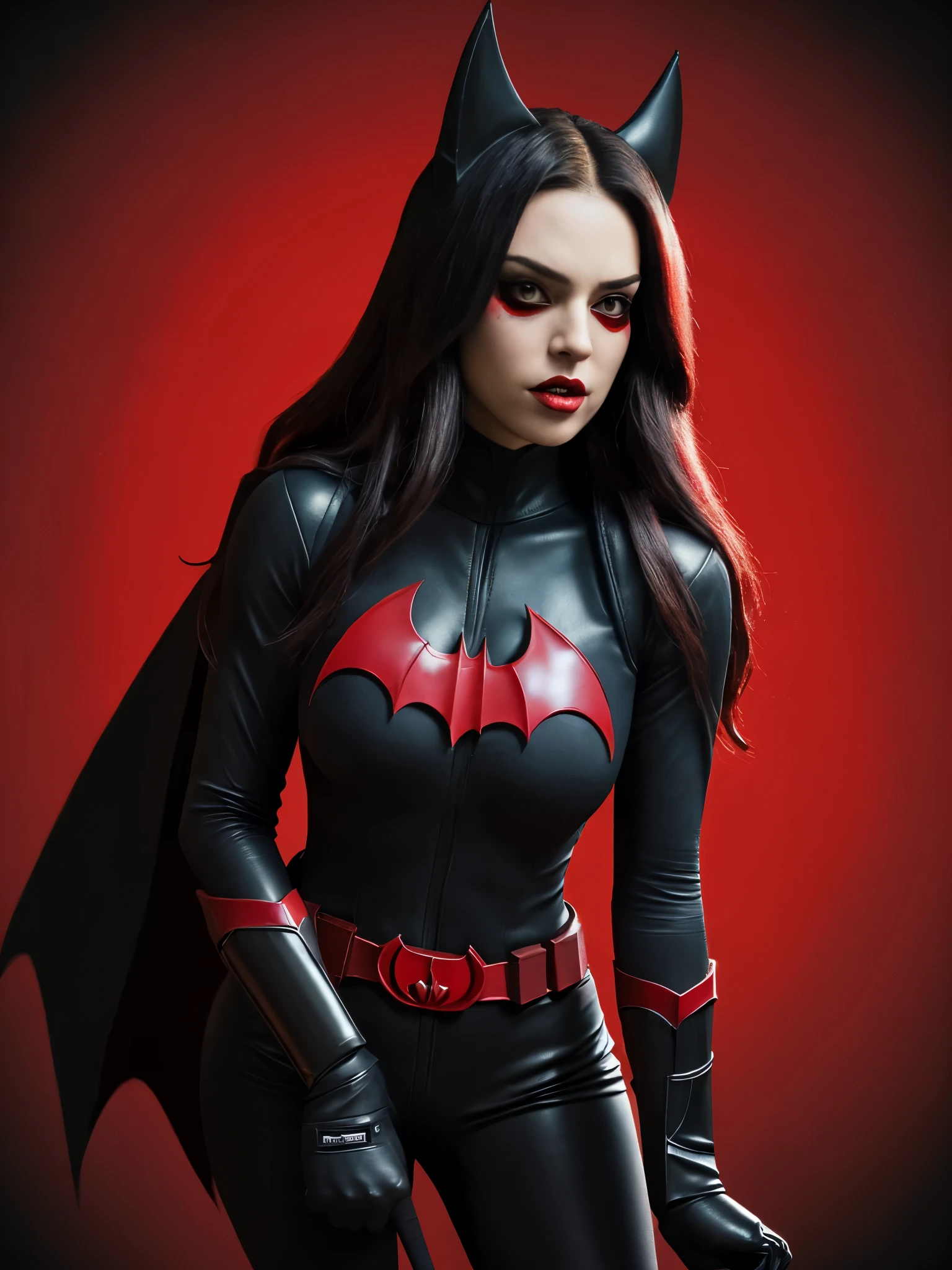 raw the Batwoman costume featuring a sleek black bodysuit with a red bat emblem on the chest, accessorized with a utility belt, black gloves, boots, and a crimson-colored cape. The mask should have pointed ears and cover the upper half of the face, leaving the mouth and chin exposed.