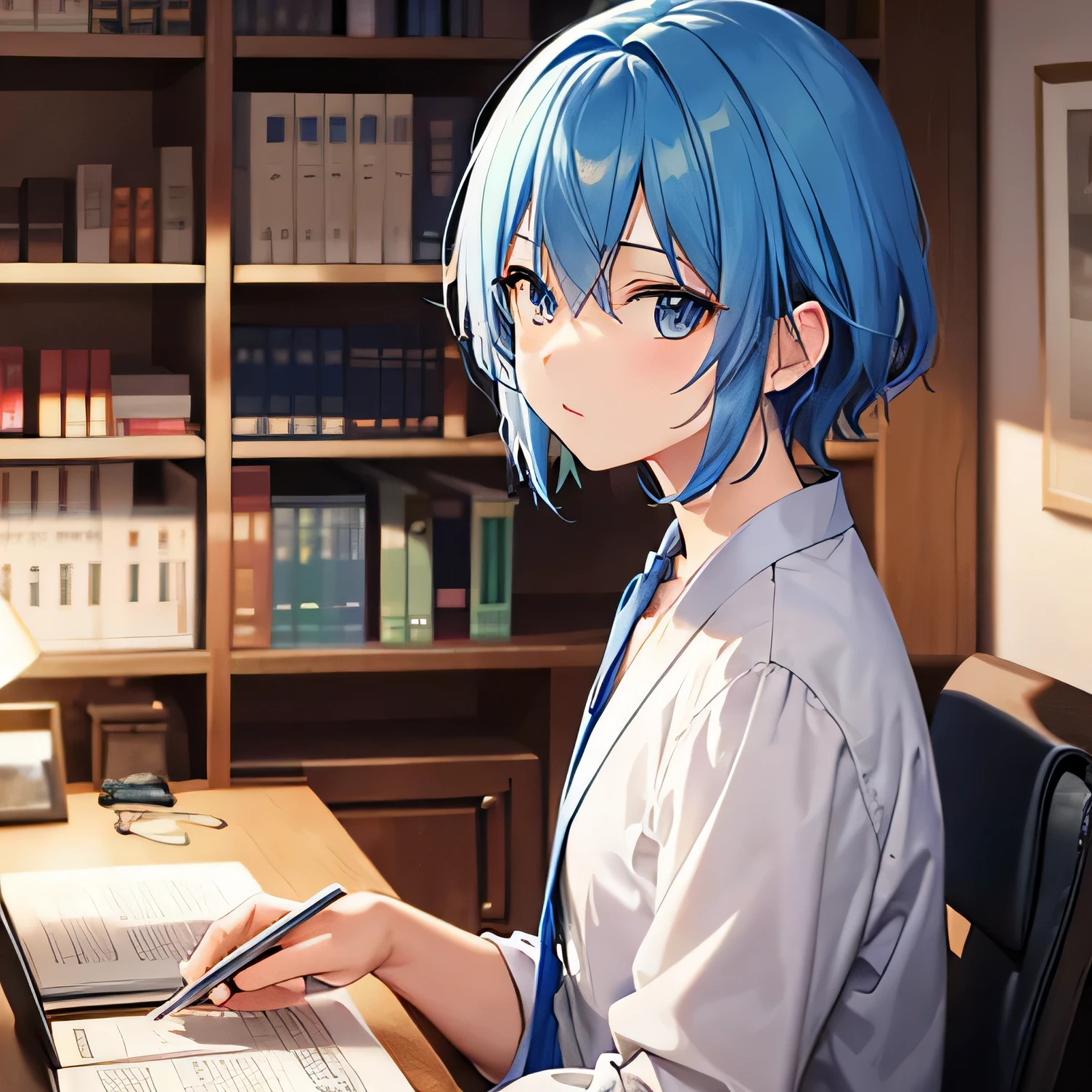 In an anime-style illustration, a blue hair cool guy character sits at a desk in his study room, engrossed in work. Behind him, a bookshelf filled with organized books and manga. On the desk, there's a bowl of Japanese Don. Warm light streams through the window, and a wall calendar and clock hang on the wall, blue ocean color theme, white color theme, minimalism,