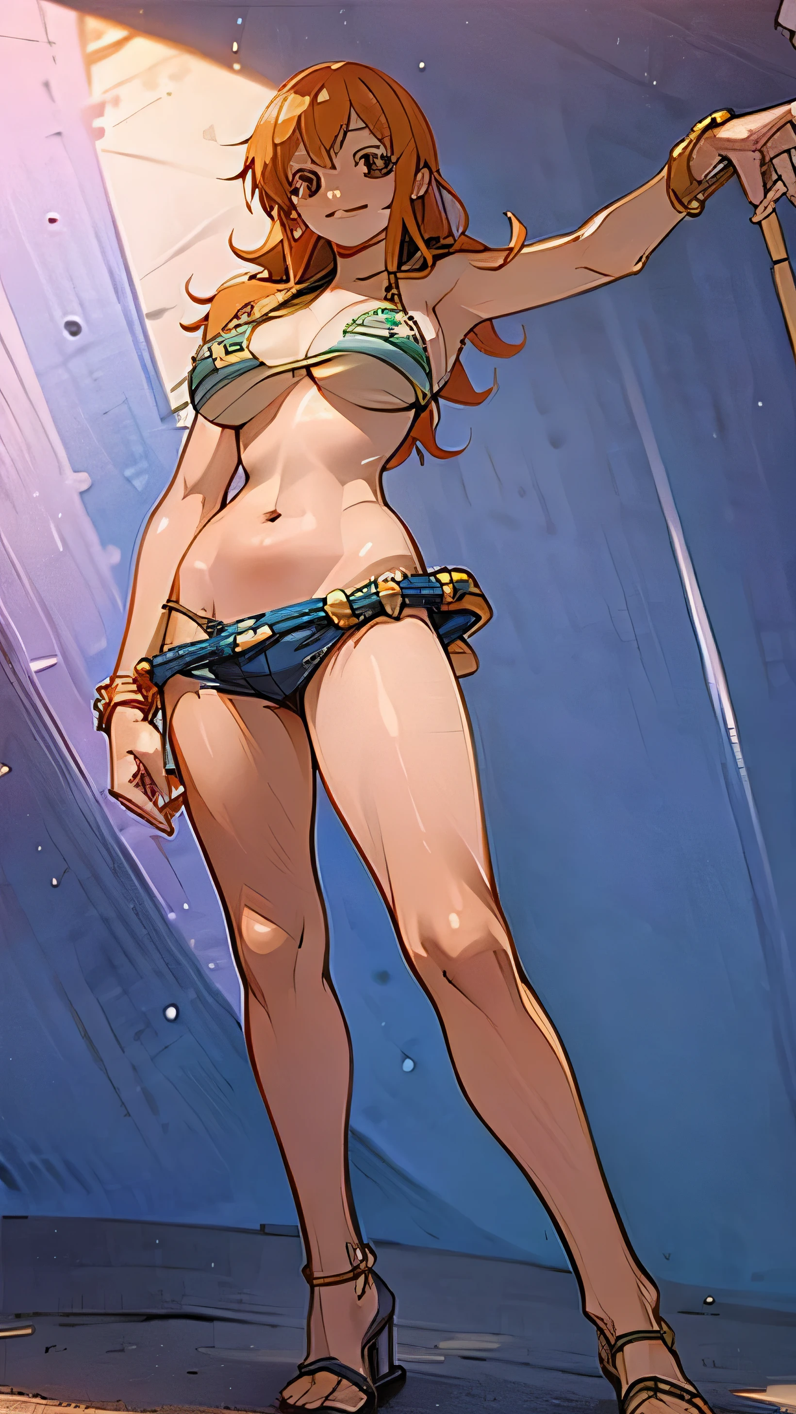 Nami from one piece, huge breast, small bikini,  slip nip, realistic breast physics., full body, happy look, pantyless