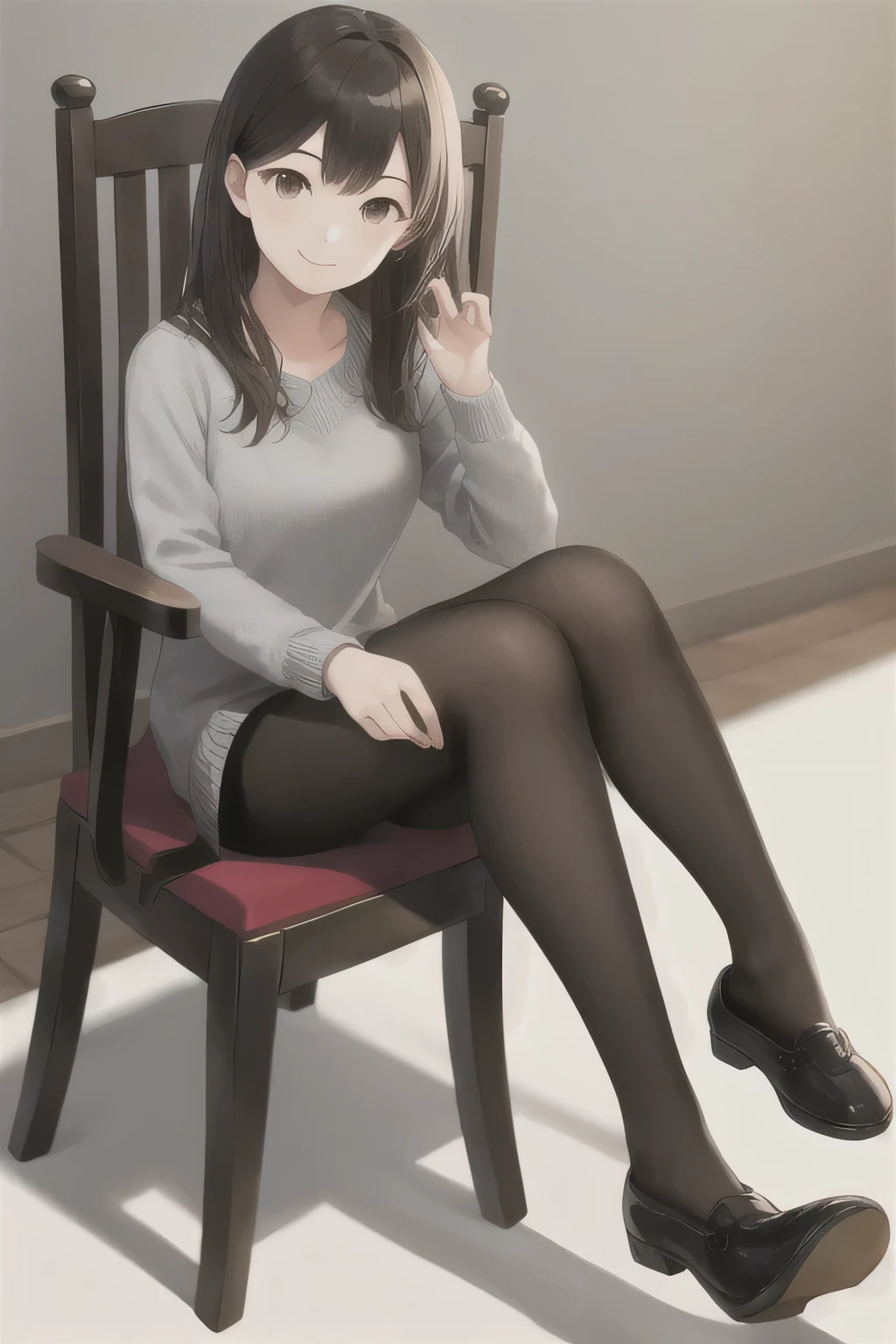 masterpiece, highest quality, High resolution, 1 girl、 sitting, Chair、smile、Black tights shoes fall at my feet
