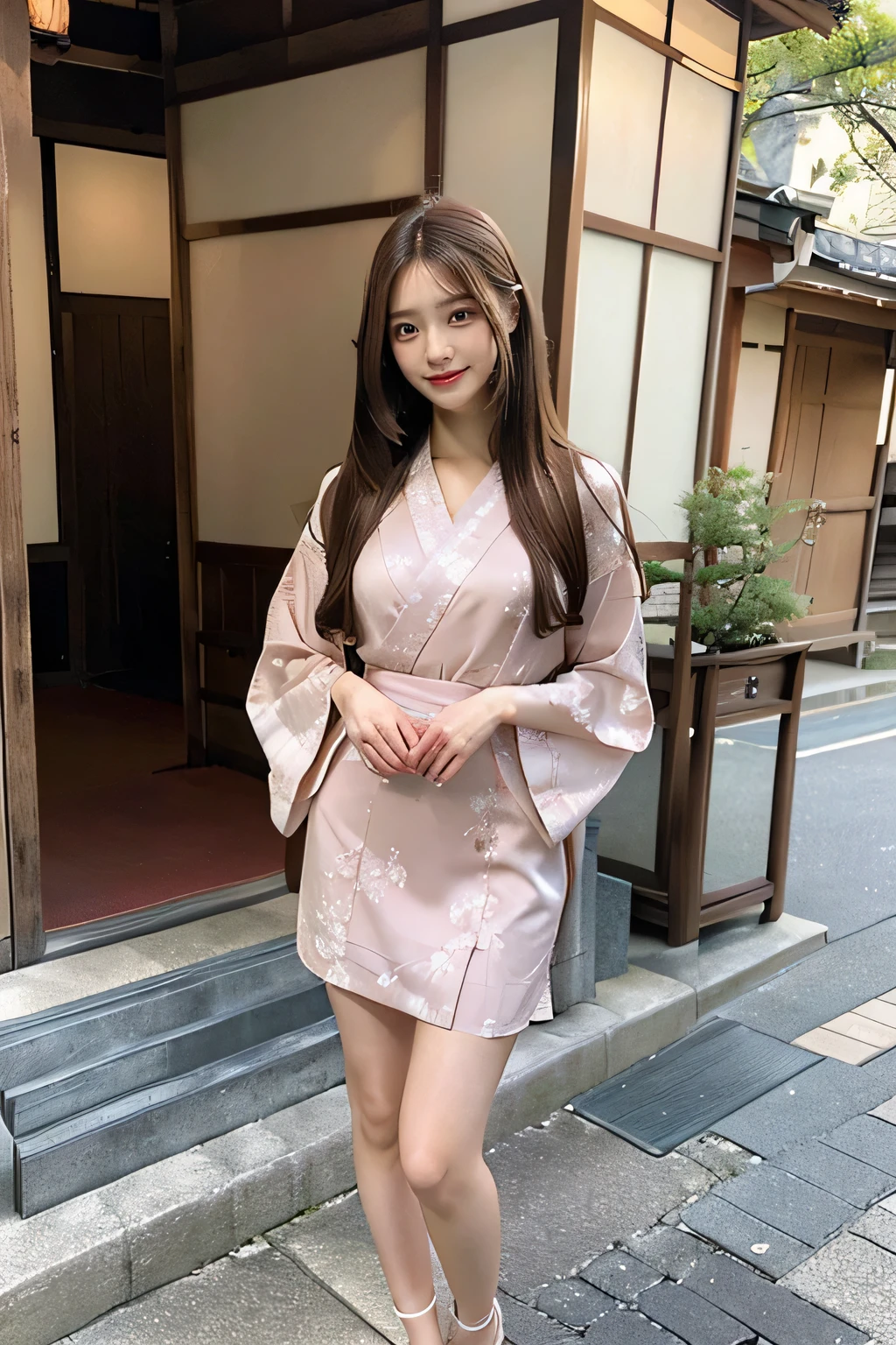 (best quality,realistic,full body shot,Kyoto,beautiful skin,detailed chest,elegant,dress,brown long hair,extremely detailed face in 8K,straight hair,smiling,perfect facial structure,flawlessly perfect lips,full body,beautiful body shape,perfect nose,beautiful eyes,alluring expression,ultimate masterpiece,beautiful girl,26-year-old Japanese woman,head held high,bashful face,cool beauty,fully captured from head to toe,long legs,standing,including feet,perfect fingers)