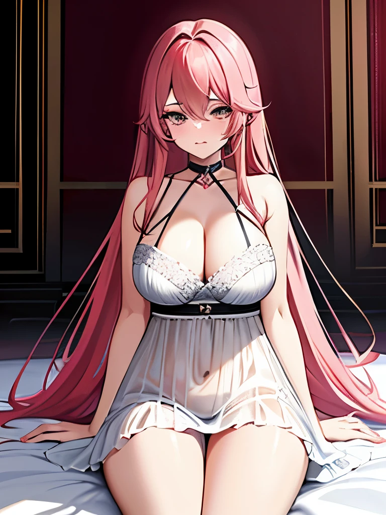 Anime girl with long pink hair, positioned seductively on a bed in a smooth CG art style (1.9), a captivating masterpiece trending on Pixiv (best\_quality:1.0) in the realism genre. With captivating details, the intricate field of view highlights her youthful features, displaying her cute expressions and large, shiny eyes. Dressed in a sheer nightgown that showcases her perfect proportions, this young anime girl's cleavage and long legs captivate the viewer's attention. The nightcore aesthetic adds an extra layer of allure to her overall appearance, creating an enchanting atmosphere in the artwork. (Anime