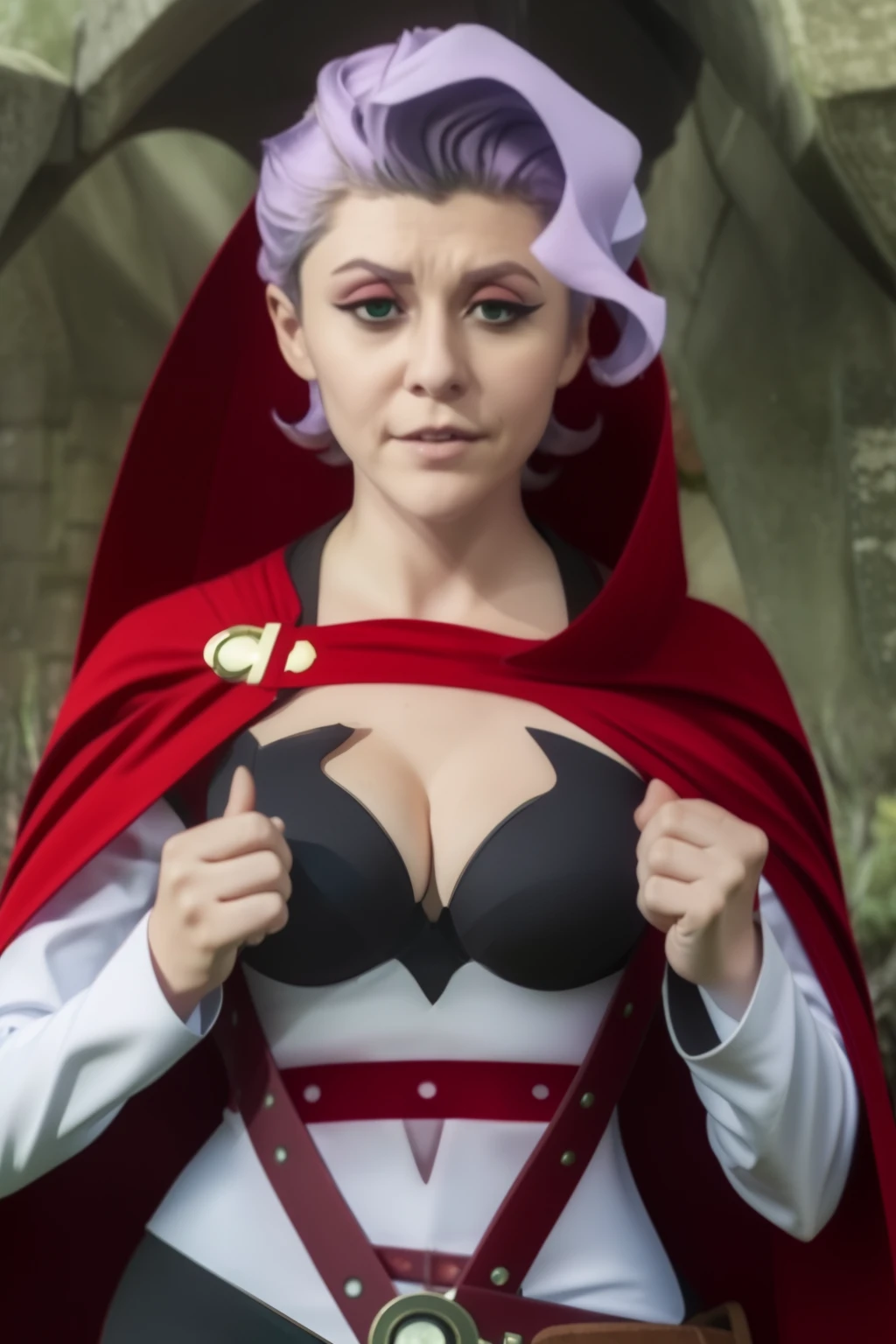 (best quality, top quality), masterpiece, best quality, croix meridies, 1girl, solo, short hair,  purple hair, green eyes, makeup,  closed mouth, medium breasts, cleavage, neckline,  black bra,  white shirt, red_ribbons, detached sleeves, long sleeves, black pants, red _boots, Tactical Belt Bag, red cape, full body