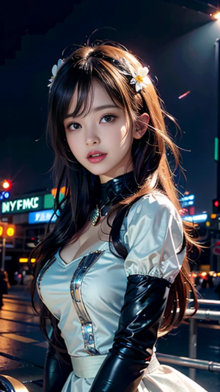 超High resolution、super high quality、8K、real live action、cyber punk, city night, confused, High resolution, (超detailed background, detailed background), very detailed, artist style, (fashion:1.2), (tangled:1.3), material effects, Upper body, Colorful hair of galaxy in New York City at night with orange fog, cyber city, professional lighting, photon mapping, radio city, Physically based rendering, dress flower vintage、starry sky、very bright white spotlight、