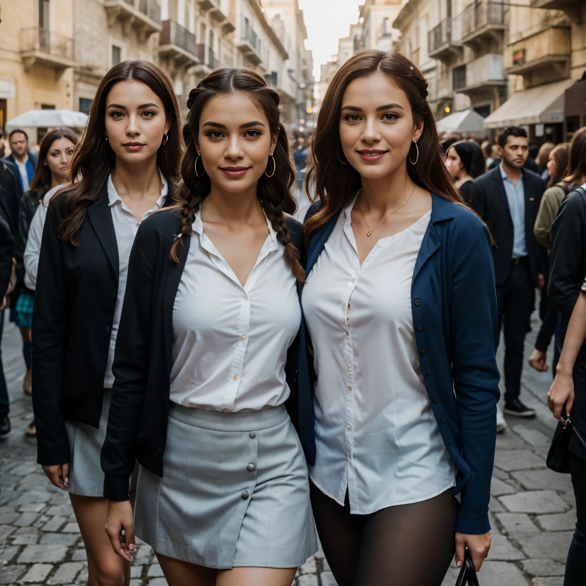 (best quality), (masterpiece:1.2), wide angle photo, full body photo, group photo, 5 sage elder women schoolwomen, 76 years old, marked faces, innocent faces, skin imperfections, marked by wrinkles, acne, perfect ruby lips, smiling wistfully, diverse ethicities: ebony, black, white, nordic, indian, diverse hair colors: redhead, blonde, afro, twin braids, heavy freckles, pale skin, makeup, earings, crowded outdoor street in Matera, morning, school, crowd of people, school uniforms, unbottoned blue shirts, tight shirt, alluring pose, black stockings, open jacket, sexy neckline, large neckline, 16k, photorealistic, real photo, nikon d800, (YES SFW), 4k UHD, dark vibes, hyper detailed, vibrant colours, high details, epic composition, octane render, sharp focus, high resolution isometric, (film grain:1.3), The light is sparkling, high quality photography, 3 point lighting, flash with softbox, 4k, Canon EOS R3, HDR, smooth, sharp focus, high resolution, award winning photo, 80mm, f2.8, bokeh