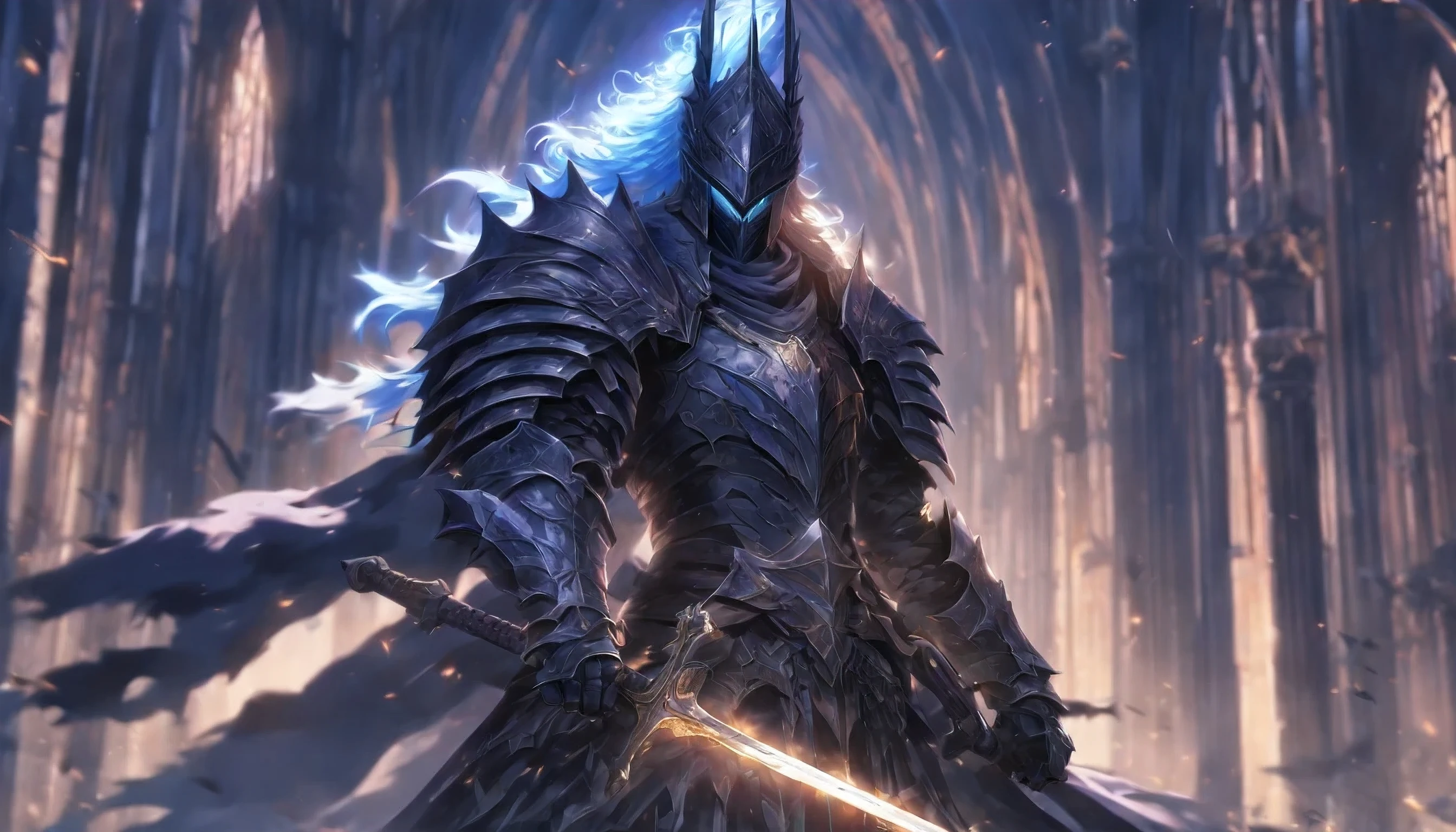 Anime character holding a sword standing in front of a building, fallen knight women, from arknights, gothic knight, evil knight, Style of wlop, fantasy knight, knight, emperor, dark souls knight, white coated armor, Wear heavy armor with a robe., Heavy black armor with gold trim., Smooth CG anime art, Artorias, glowing sword woman