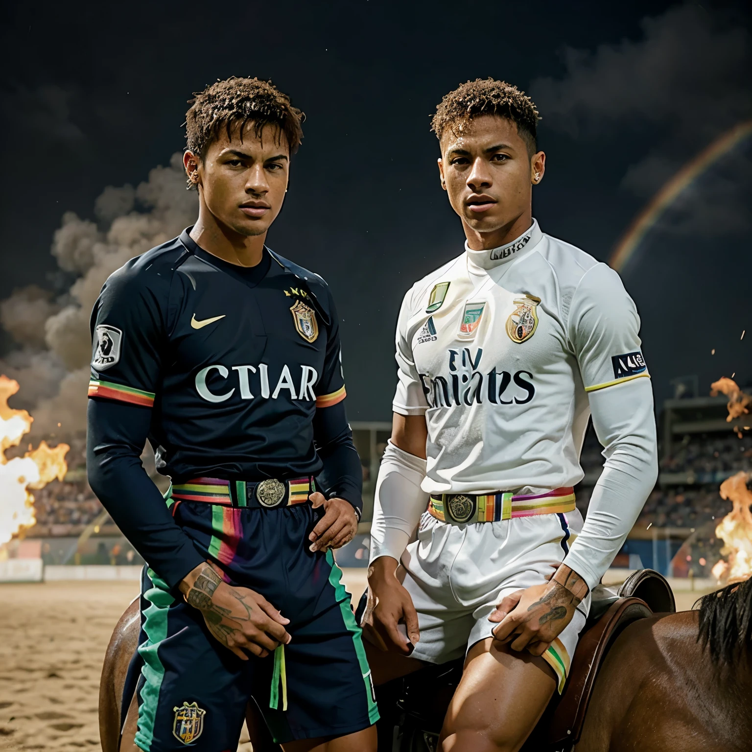 Pintura do cr7 e Neymar em cima de uma cavalo branco, rainbow and fire trophies background