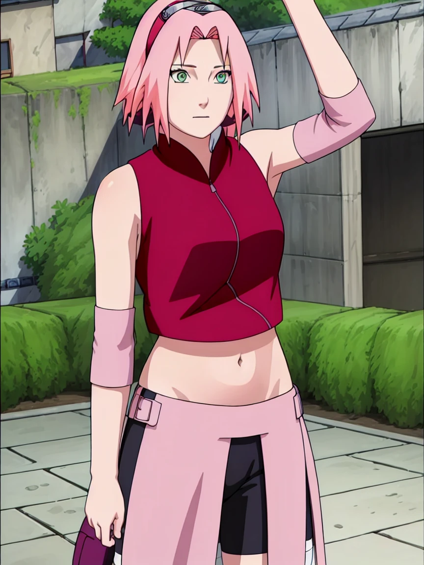 High-quality, ultra-detailed, realistic artwork of a scene from "Sakura Shippuden" with vivid colors, perfect for 4K or 8K resolutions. The scene depicts Sakura Haruno, a young woman, standing gracefully in a garden surrounded by blooming sakura (cherry blossom) trees. She is wearing a red jacket embroidered with t(((lifting her top and show her long belly))),((long belly)) the Hidden Leaf Village. Her leg is bandaged, indicating a recent injur, emphasizing her femininity and agility.

She has shoulder-length bangs that softly frame her face, revealing her beautiful, green eyes. Her face is adorned with a forehead protector, which bears the Konohagakure symbol, signifying her allegiance to her village. The artwork showcases Sakura's attention to detail, including her long eyelashes, detailed lips, and delicate features, capturing her determination and inner strength.

The lighting in the scene is soft and warm, casting a gentle glow on the petals of the sakura blossoms. The vibrant colors of the cherry blossoms contrast against Sakura's black short sleeves and gloves, adding depth to the composition. The overall color scheme leans towards pastel tones, enhancing the serene and tranquil atmosphere of the garden.

This masterpiece artwork aims to capture the essence of Sakura Haruno's character, portraying her as a confident, skilled kunoichi amidst the delicate beauty of the sakura garden. The attention to detail, vibrant colors, and realistic rendering will bring this scene to life, evoking the spirit of "Sakura Shippuden" in a visually stunning manner.