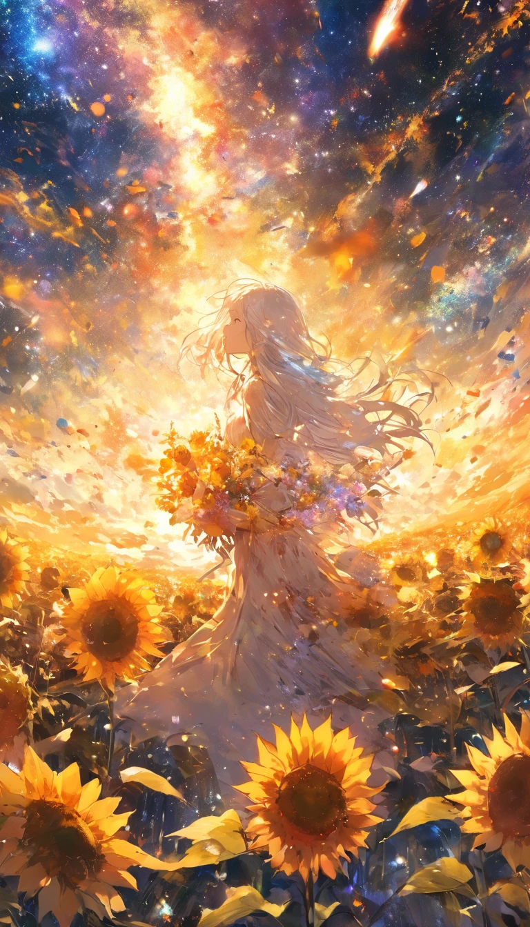 masterpiece, concept art, panorama, in the center, figure, wide shot, 1 girl, flower garden, night, (Meteors), Space galaxy background, (magnificent composition, epic proportions), dynamic lighting, Bright colors,  A fleeting white-haired long girl、sunflower