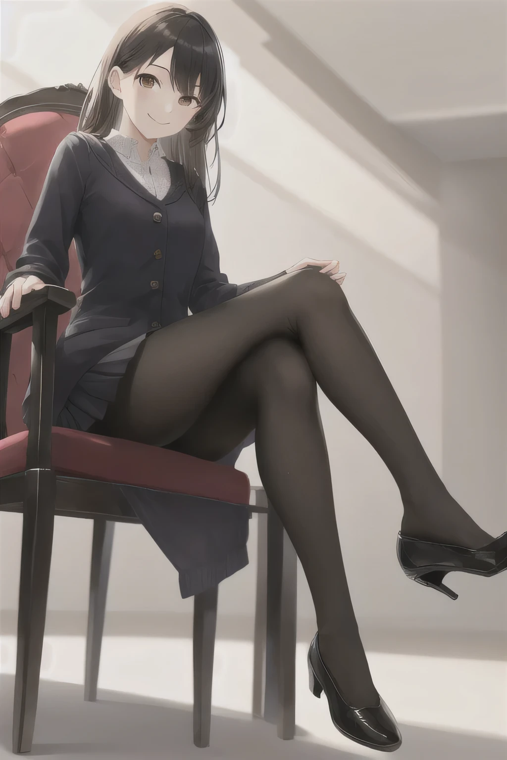 masterpiece, highest quality, High resolution,  sitting, Chair、smile、black tights、The shoes are at my feet
