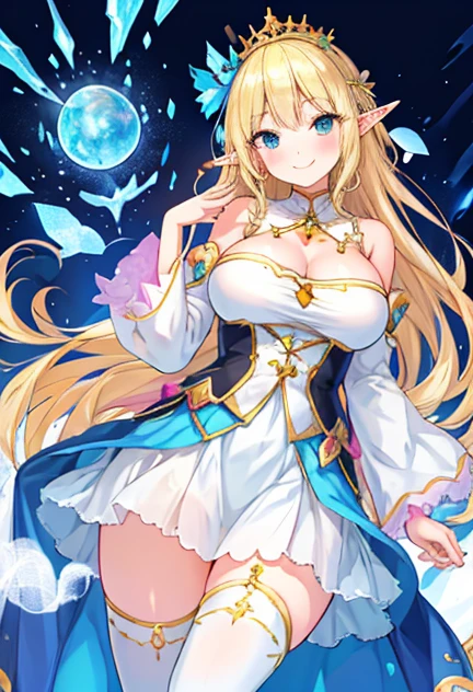 beautiful illustrations, highest quality, pretty girl,beautiful girl、clear face、 half girl、pastel colour ,blonde、black eyes、smile、blush、にこやかなsmile、thighs、elf、fantasy、fantasy、big breasts、Princess