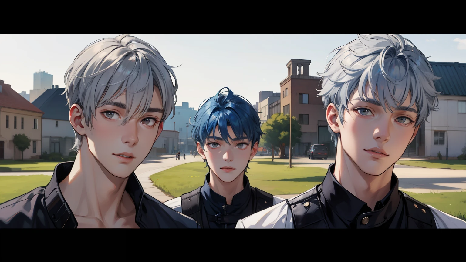 In the background is a silver city Two 15-year-old age friends with blue hair, With Latin skin and light gray hair on the outskirts of a large silver city they are talking about an important topic they are friends almost like brothers................