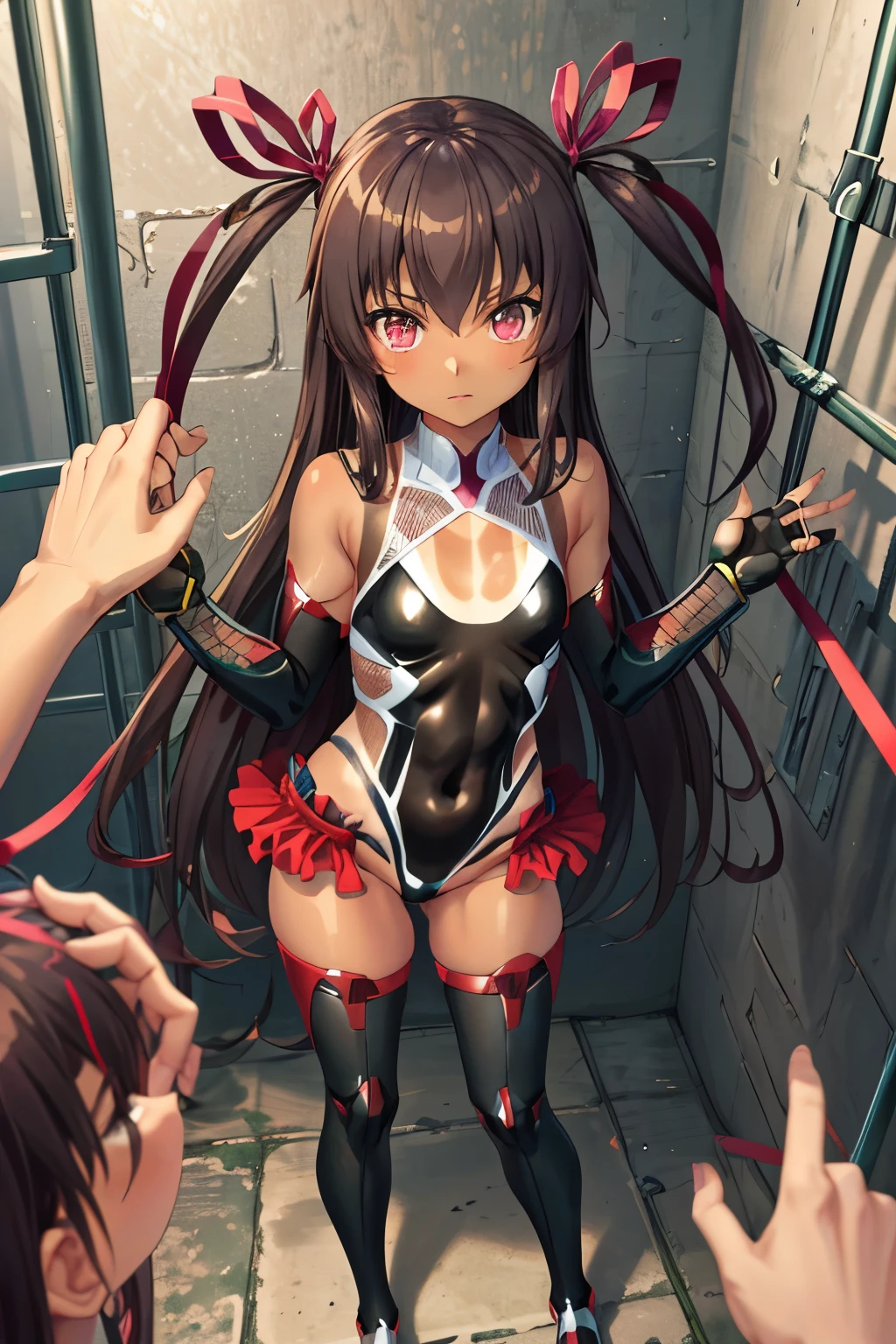 Mizuki Yukikaze, flat tits,skinny,hair ribbon, black leotard, Taimanin suit, one piece tan, Standing in honor,fingerless gloves, ruffle leotard, thigh boots,pov,((she is in the prison)),