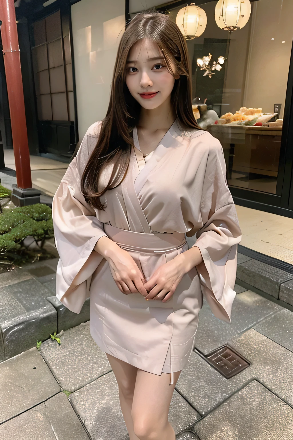 (best quality,realistic,full body shot,Kyoto,beautiful skin,detailed chest,elegant,dress,brown long hair,extremely detailed face in 8K,straight hair,smiling,perfect facial structure,flawlessly perfect lips,full body,beautiful body shape,perfect nose,beautiful eyes,alluring expression,ultimate masterpiece,beautiful girl,26-year-old Japanese woman,head held high,bashful face,cool beauty,fully captured from head to toe,long legs,standing,including feet,perfect fingers)