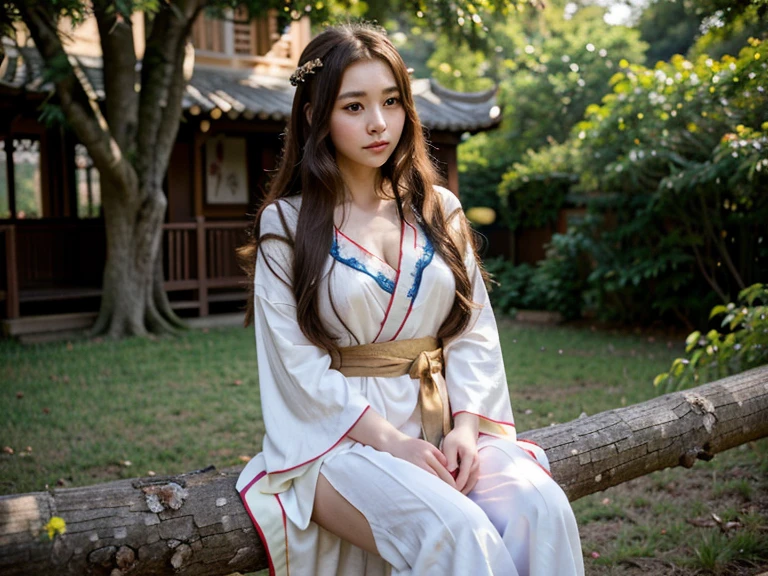 ((best quality)), ((masterpiece)), (detailed), perfect face, anime girl sitting on a tree branch with a fan in her hand, palace , a girl in hanfu, flowing hair and long robes, beautiful anime girl, beautiful anime woman, anime girl with long hair, flowing magical robe, cute anime waifu in a nice dress, goddess of spring, heise jinyao,