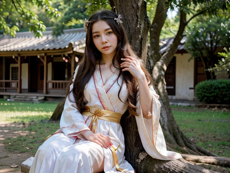 ((best quality)), ((masterpiece)), (detailed), perfect face, anime girl sitting on a tree branch with a fan in her hand, palace ， a girl in hanfu, flowing hair and long robes, beautiful anime girl, beautiful anime woman, anime girl with long hair, flowing magical robe, cute anime waifu in a nice dress, goddess of spring, heise jinyao, 