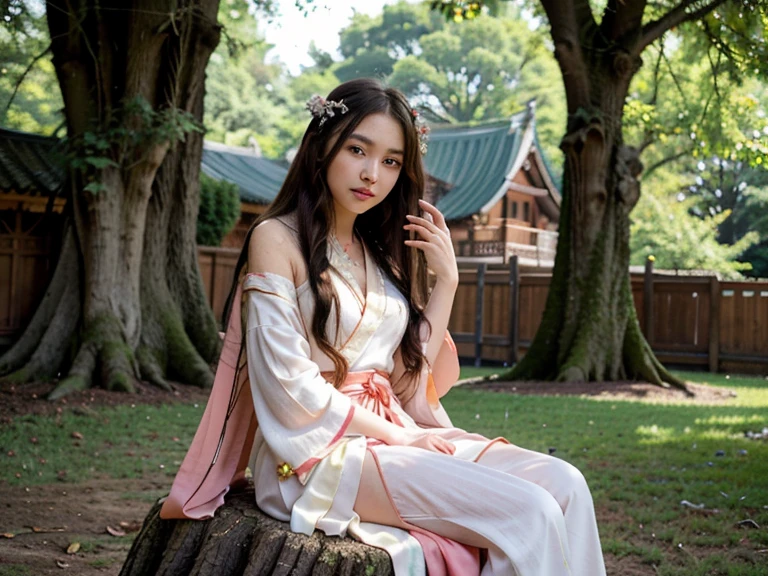((best quality)), ((masterpiece)), (detailed), perfect face, anime girl sitting on a tree branch with a fan in her hand, palace , a girl in hanfu, flowing hair and long robes, beautiful anime girl, beautiful anime woman, anime girl with long hair, flowing magical robe, cute anime waifu in a nice dress, goddess of spring, heise jinyao,