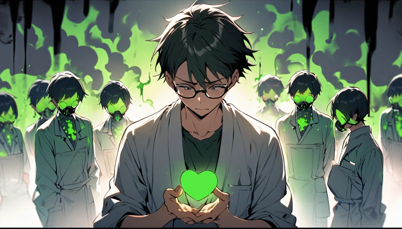 Wide view of A young ager japanese man, holding heart, cannot breath, feared, looking down, panic , surrounded by green poisonous gas, wearing spectacles, wearing laboratory dress,