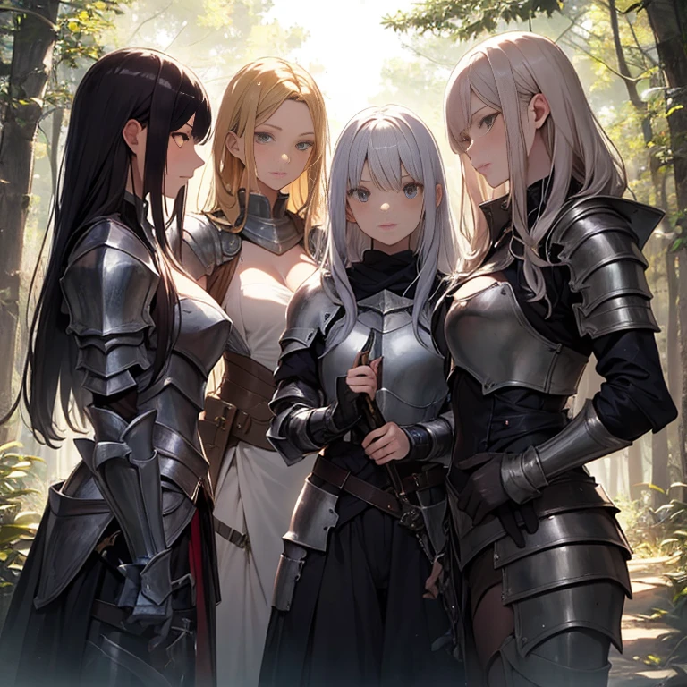 A group of female knights, (in forest), various hair styles, harem, wearing armored clothes, metal armor, night, details face, trousers, seducing, sword,