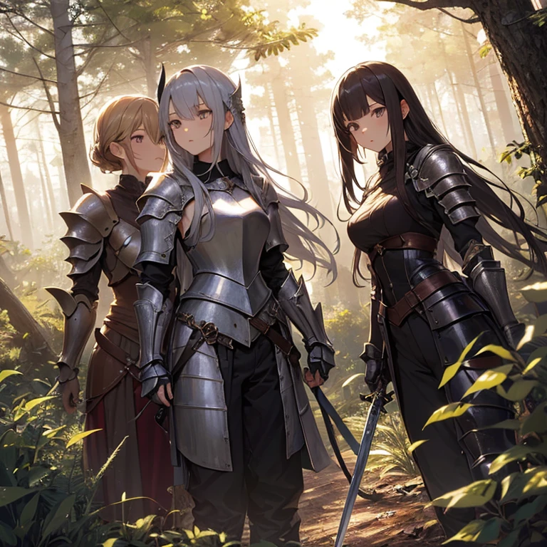 A group of  female knights, (in forest), various hair styles, harem, wearing armored clothes, metal armor, night, details face, trousers, seducing, sword, 