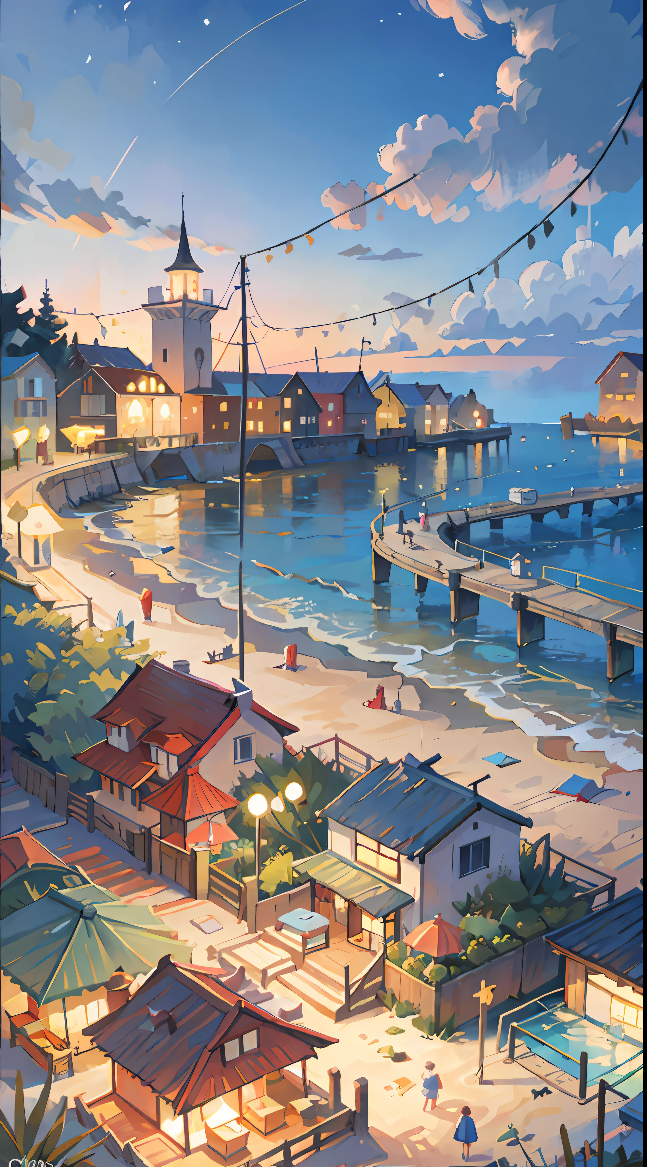 City by the sea, beach, night