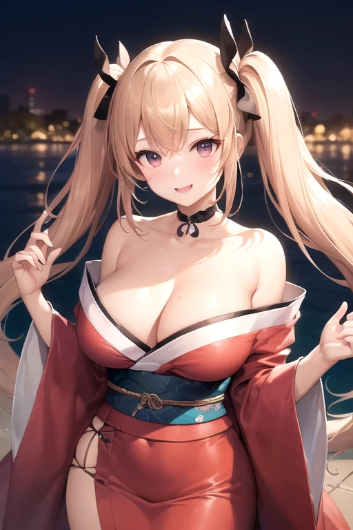 (8K、highest quality、highest quality、masterpiece、ultra high resolution、beautiful woman with perfect figure、emphasize cleavage、carefully crafted face、beautiful fingers、beautiful hands、skin texture),whole body、idol sculpture、((twin tails))、alone、beautiful double eyelids、smile, kimono 、(woman)、city、dating scene、
