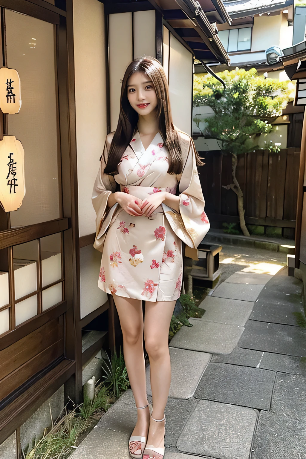 (best quality,realistic,full body shot,Kyoto,beautiful skin,detailed chest,elegant,dress,brown long hair,extremely detailed face in 8K,straight hair,smiling,perfect facial structure,flawlessly perfect lips,full body,beautiful body shape,perfect nose,beautiful eyes,alluring expression,ultimate masterpiece,beautiful girl,26-year-old Japanese woman,head held high,bashful face,cool beauty,fully captured from head to toe,long legs,standing,including feet,perfect fingers)